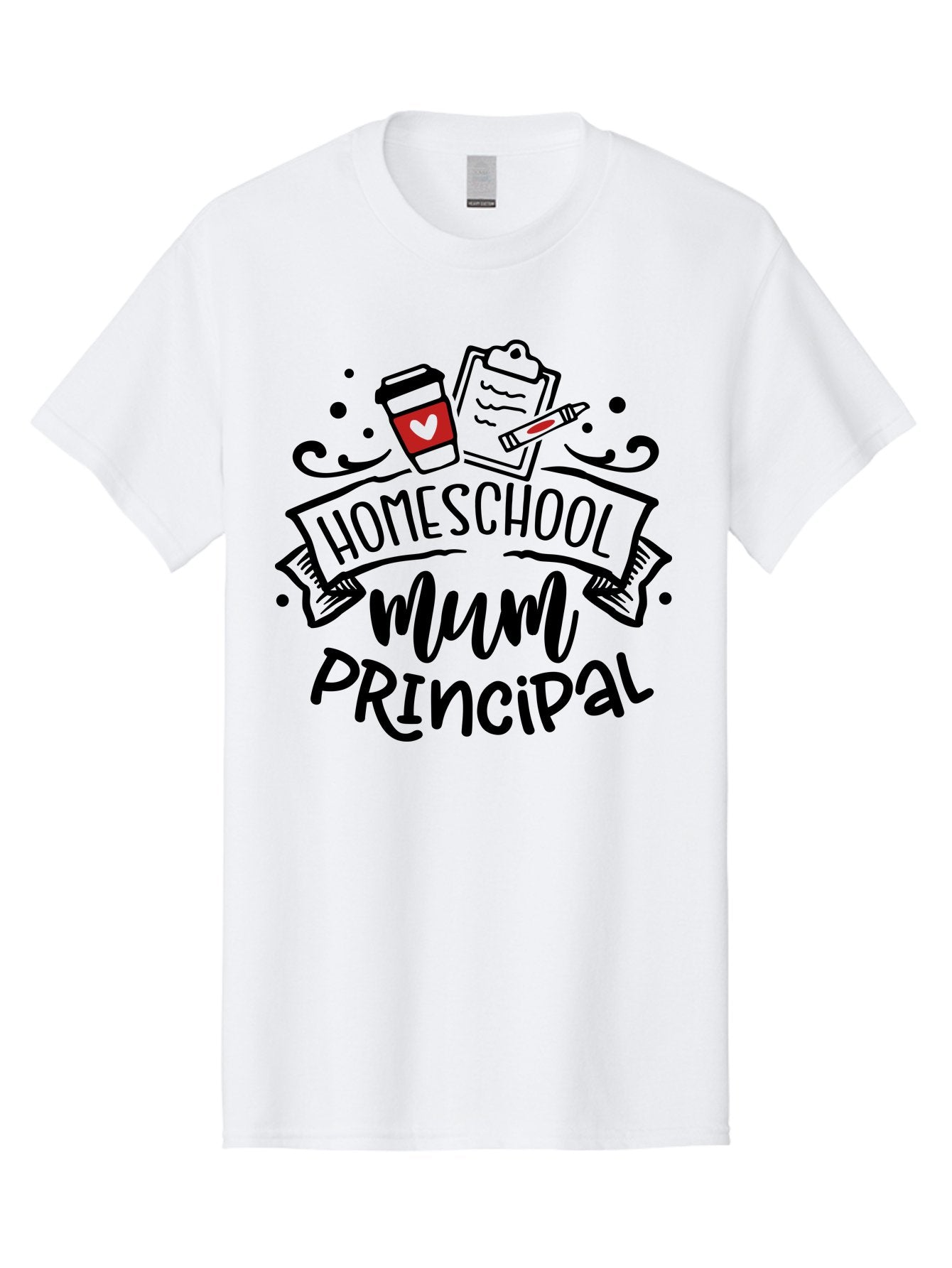 Homeschool-Mum-Principal-3 Men'S Graphic Tee, 100% Cotton, Comfortable Casual Summer Wear, Machine Washable, Homeschool Mum, Principal, Education, Learning, Teaching, Coffee Cup, Clipboard, Pencil, Doodle Art, Playful Design, Aab395 4