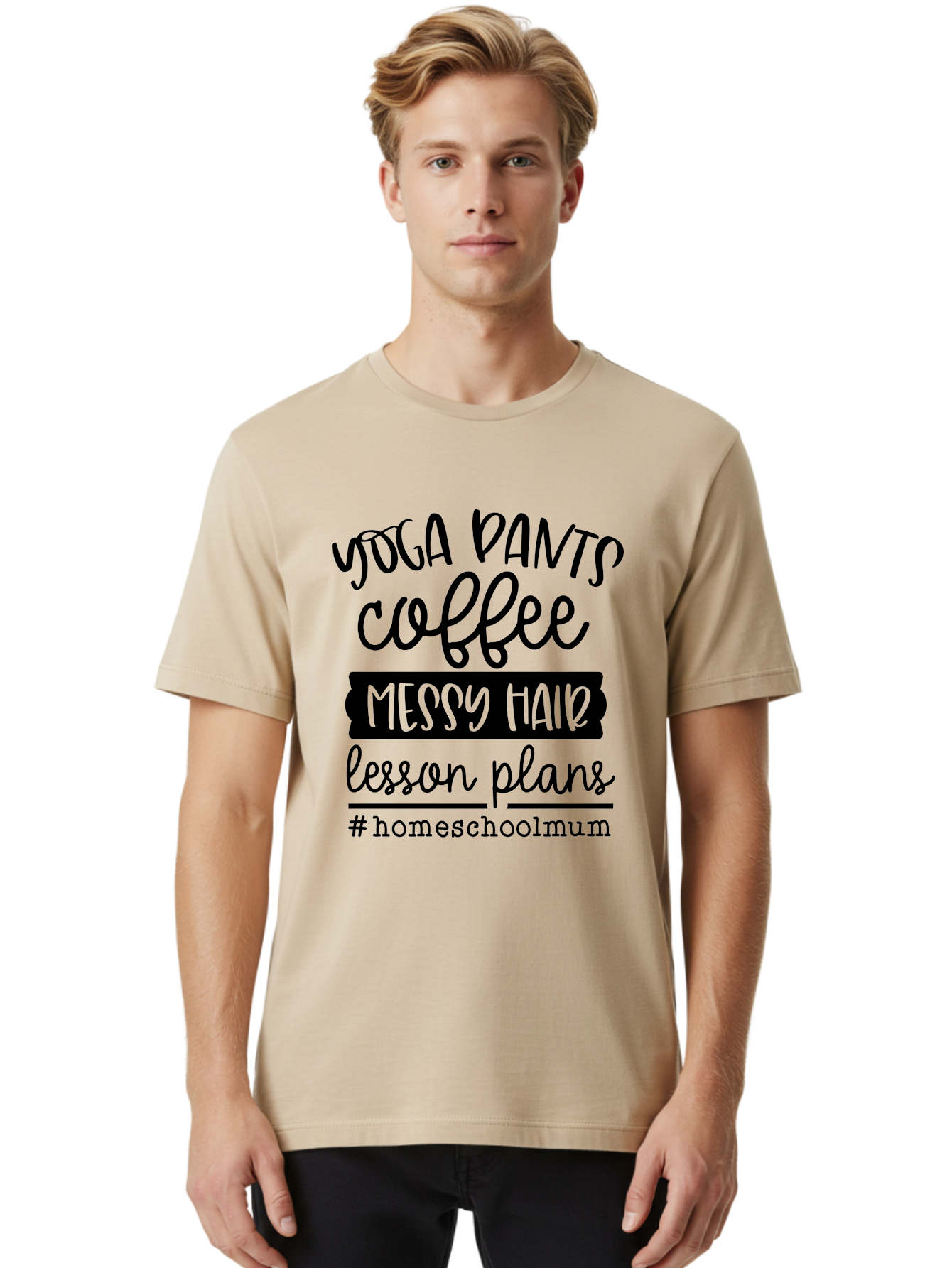 Homeschoolmum Men'S Graphic Tee, 100% Cotton, Comfortable Casual Summer Wear, Machine Washable, Homeschool Mom Lifestyle, Yoga Pants, Coffee, Messy Hair, Lesson Plans, Homeschooling, Mom Life, Parenting, Education, Teaching Aab400
