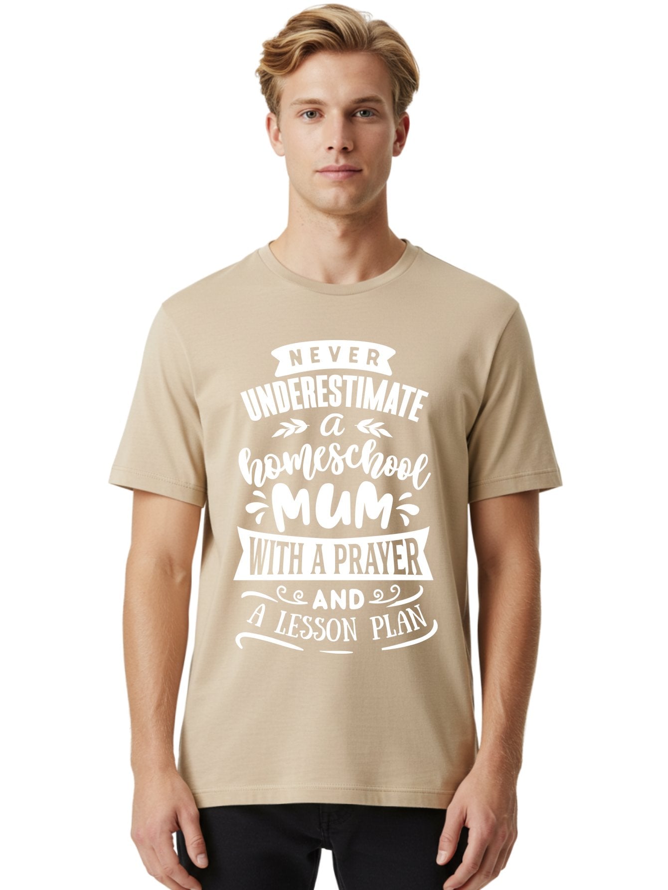 Never-Underestimate-Homeschool-Mum Men'S Graphic Tee, 100% Cotton, Comfortable Casual Summer Wear, Machine Washable, Homeschool Mum, Inspirational Quote, Motivational Phrase, Homeschooling Parent, Lesson Plan, Prayer, Education Support, Aab414 27