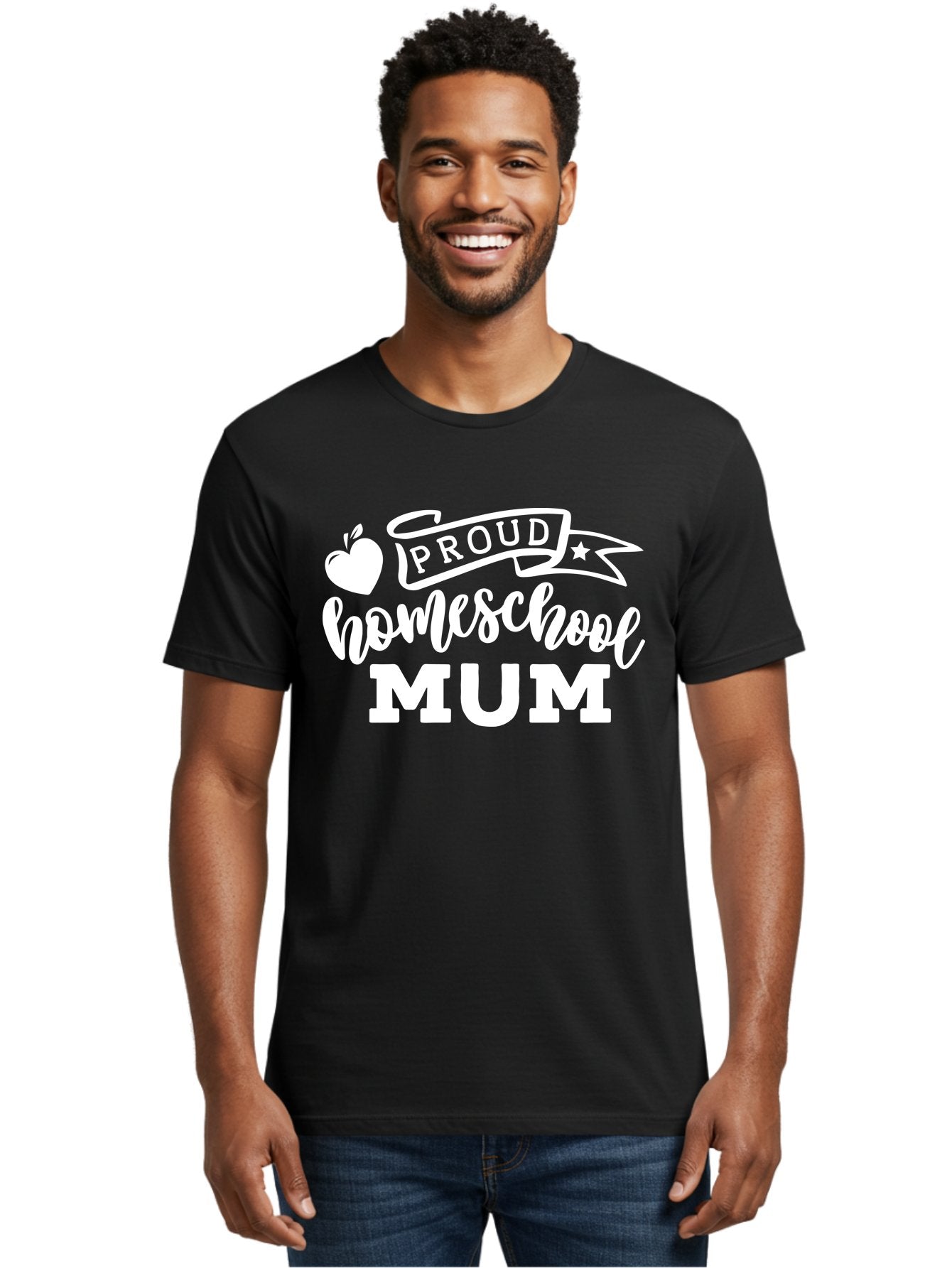 Proud-Homeschool-Mum-1 Men'S Graphic Tee, 100% Cotton, Comfortable Casual Summer Wear, Machine Washable, Homeschool Mom, Proud Parent, Homeschooling, Motherhood, Education, Apple Logo, Star Symbol, Banner Design, Parent Teacher, Aab425 25