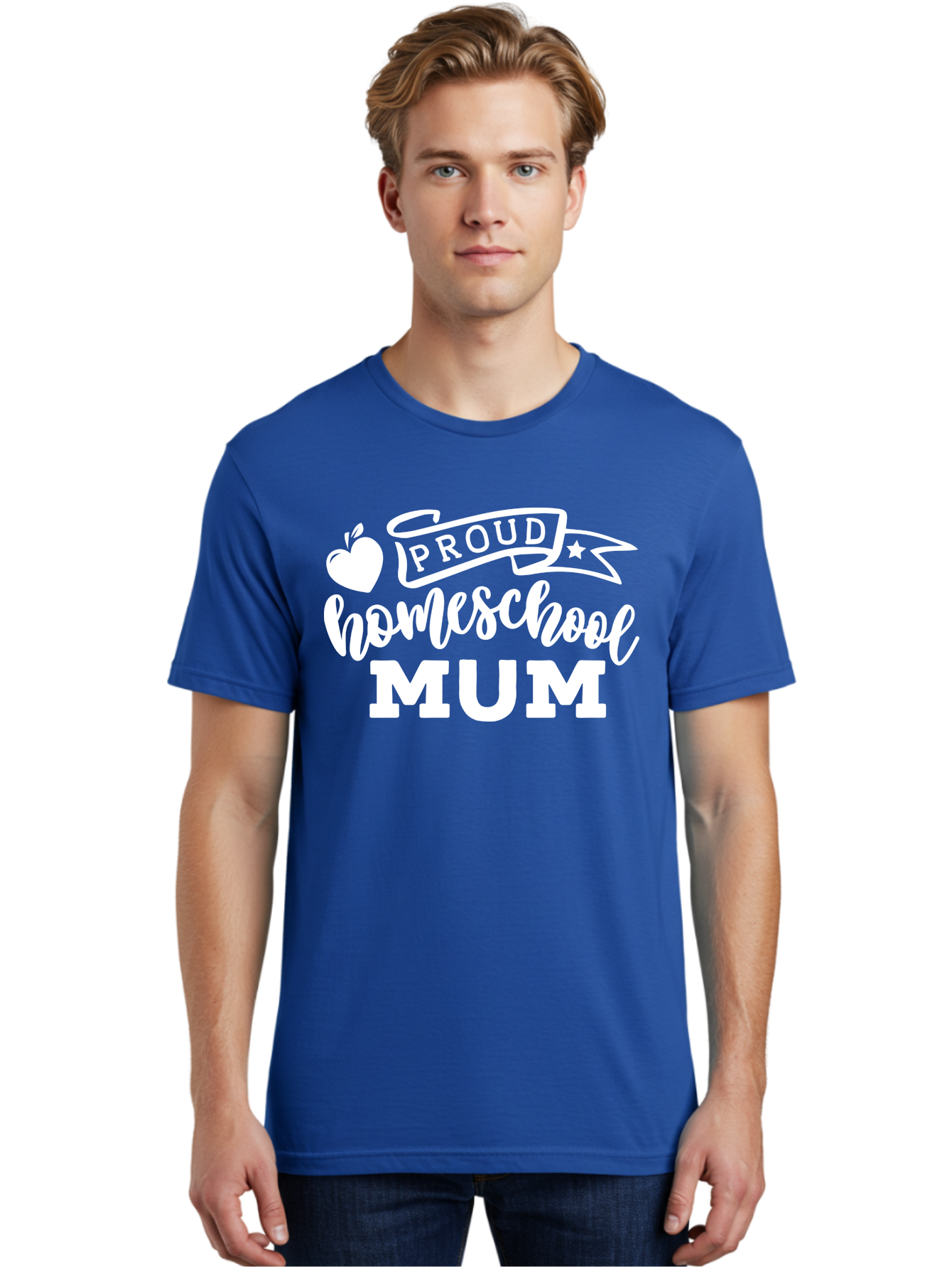 Proud-Homeschool-Mum-1 Men'S Graphic Tee, 100% Cotton, Comfortable Casual Summer Wear, Machine Washable, Homeschool Mom, Proud Parent, Homeschooling, Motherhood, Education, Apple Logo, Star Symbol, Banner Design, Parent Teacher, Aab425
