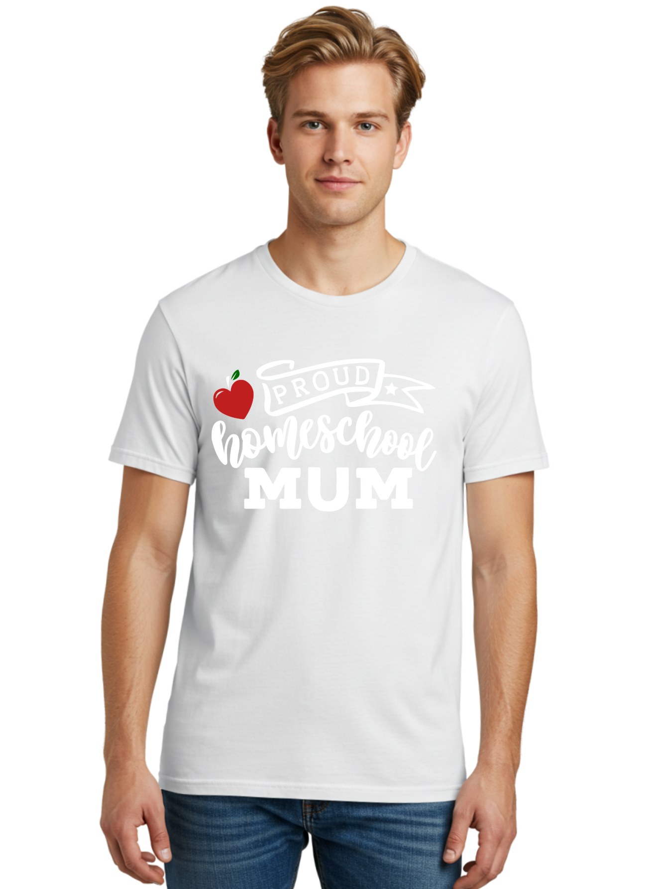 Proud-Homeschool-Mum-2 Men'S Graphic Tee, 100% Cotton, Comfortable Casual Summer Wear, Machine Washable, Proud Homeschool Mum, Homeschooling Mom, Home Education, Proud Parent, Apple Logo, Banner Design, Star Symbol, Custom Apparel, Aab426