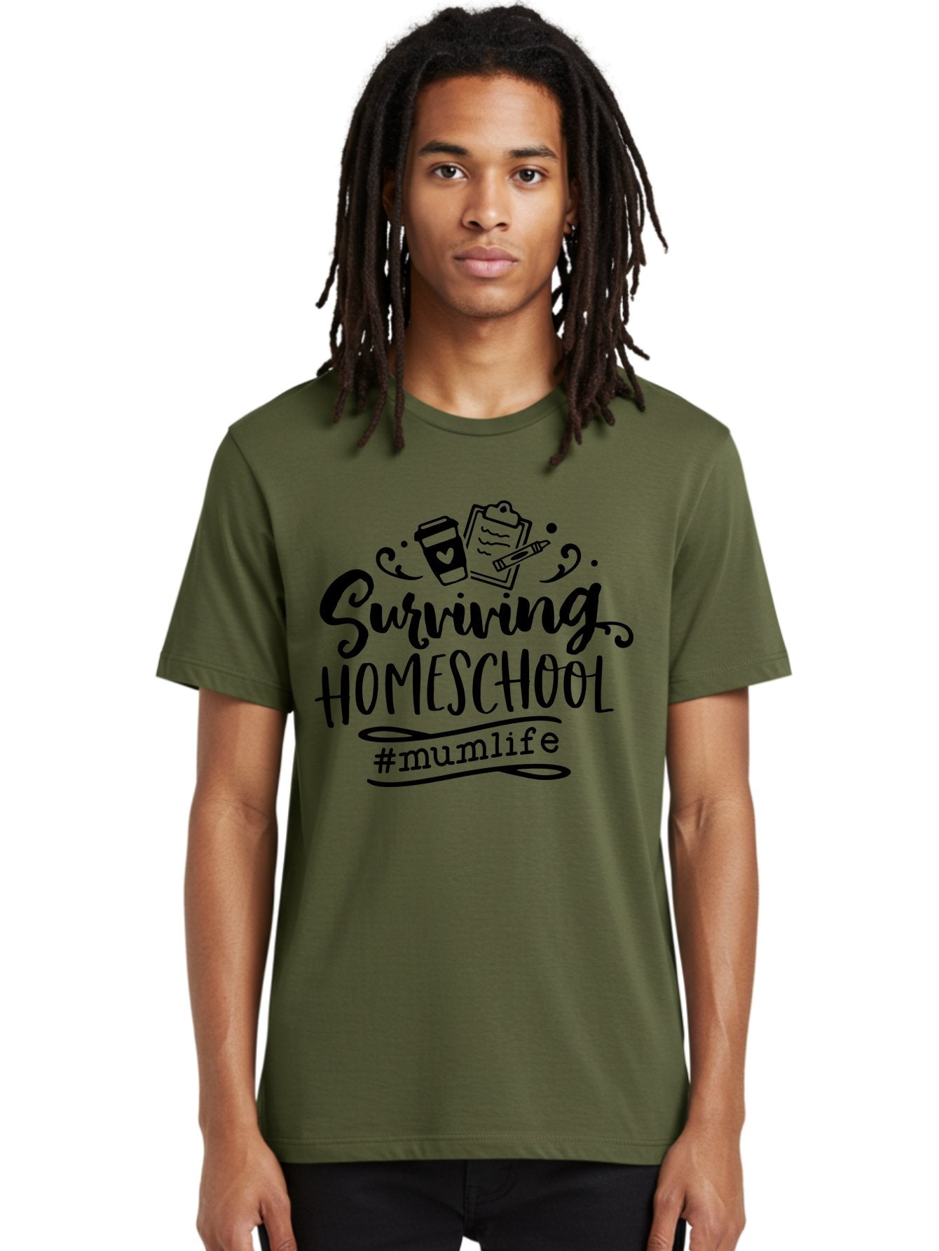 Surviving-Homeschool-2 Men'S Graphic Tee, 100% Cotton, Comfortable Casual Summer Wear, Machine Washable, Homeschooling, Parenting, Motherhood, Education, Coffee Cup, Clipboard, Mum Life, #Mumlife, Learning At Home, Homeschool Survival Aab433 30