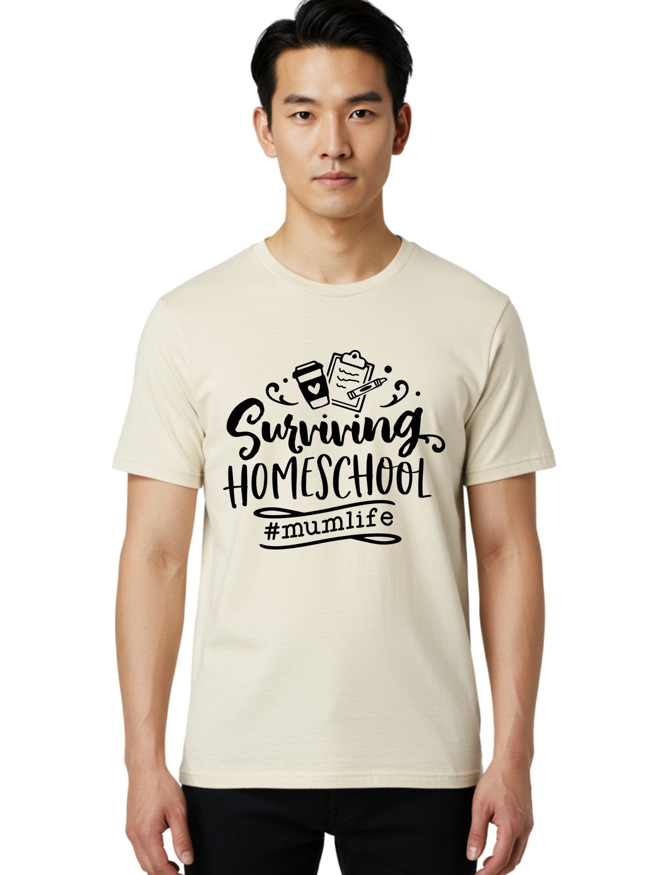Surviving-Homeschool-2 Men'S Graphic Tee, 100% Cotton, Comfortable Casual Summer Wear, Machine Washable, Homeschooling, Parenting, Motherhood, Education, Coffee Cup, Clipboard, Mum Life, #Mumlife, Learning At Home, Homeschool Survival Aab433 17