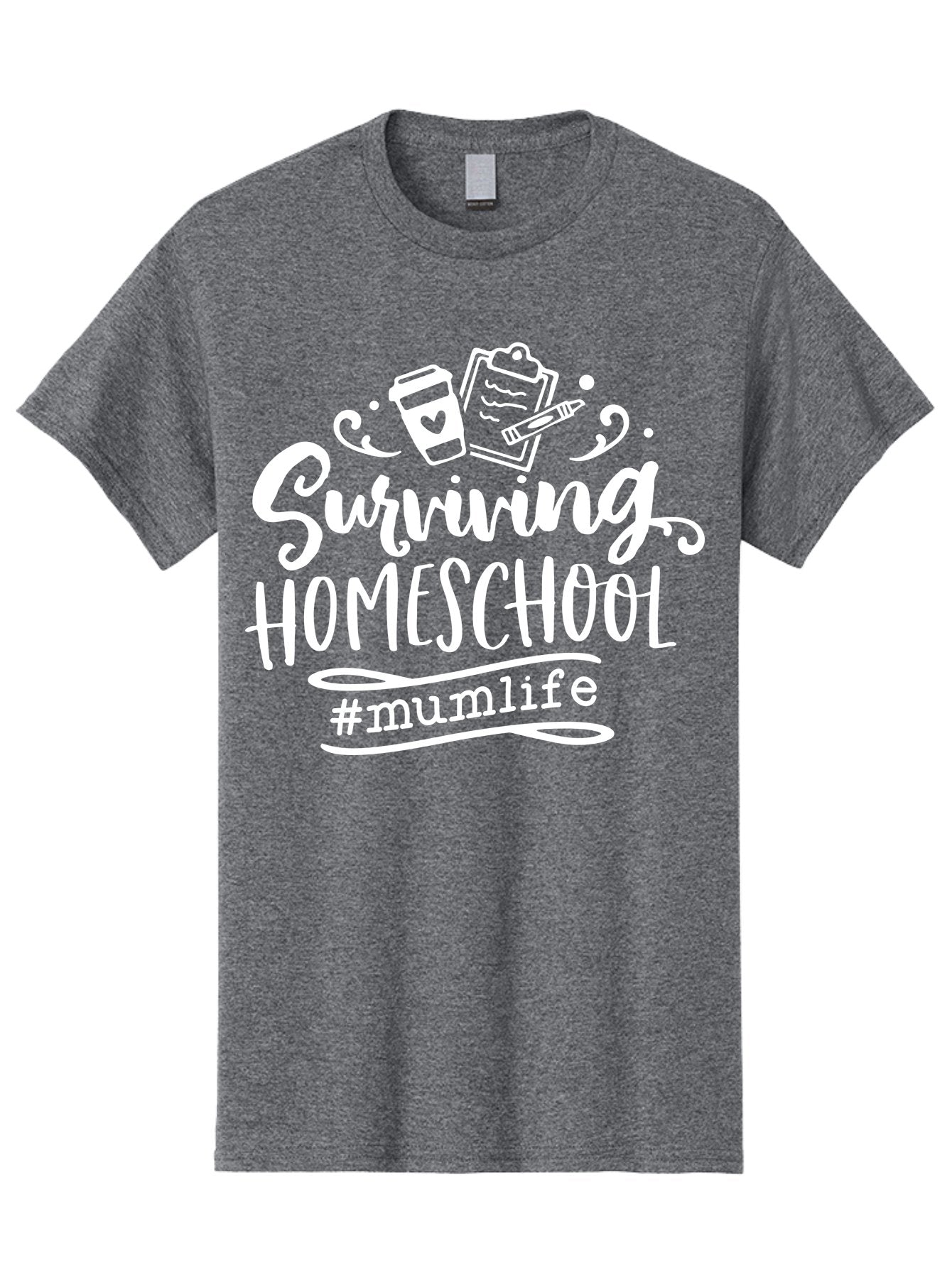 Surviving-Homeschool-3 Men'S Graphic Tee, 100% Cotton, Comfortable Casual Summer Wear, Machine Washable, Homeschooling, Mom Life, Parenting, Education, Teaching, Learning, #Mumlif, School Supplies, Coffee Cup, Clipboard Aab434