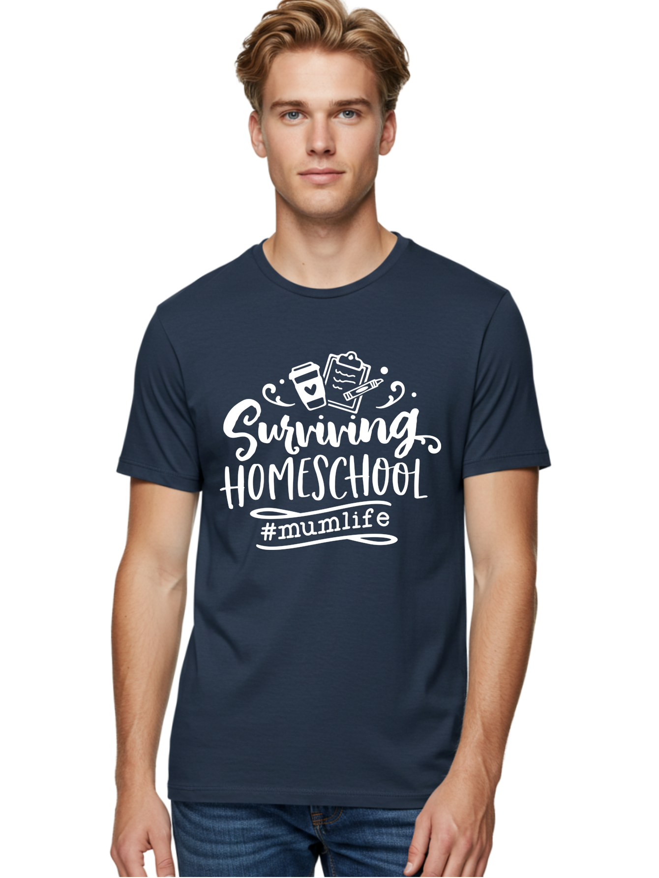 Surviving-Homeschool-3 Men'S Graphic Tee, 100% Cotton, Comfortable Casual Summer Wear, Machine Washable, Homeschooling, Mom Life, Parenting, Education, Teaching, Learning, #Mumlif, School Supplies, Coffee Cup, Clipboard Aab434