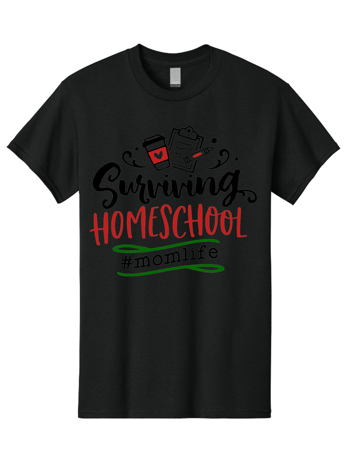 Surviving-Homeschool-9 Men'S Graphic Tee, 100% Cotton, Comfortable Casual Summer Wear, Machine Washable, Homeschool, Mom Life, Coffee Cup, Clipboard, Pencil, Motherhood, Parenting, Education, Homeschooling, Survival Tips, Parenting Struggles, Aab440