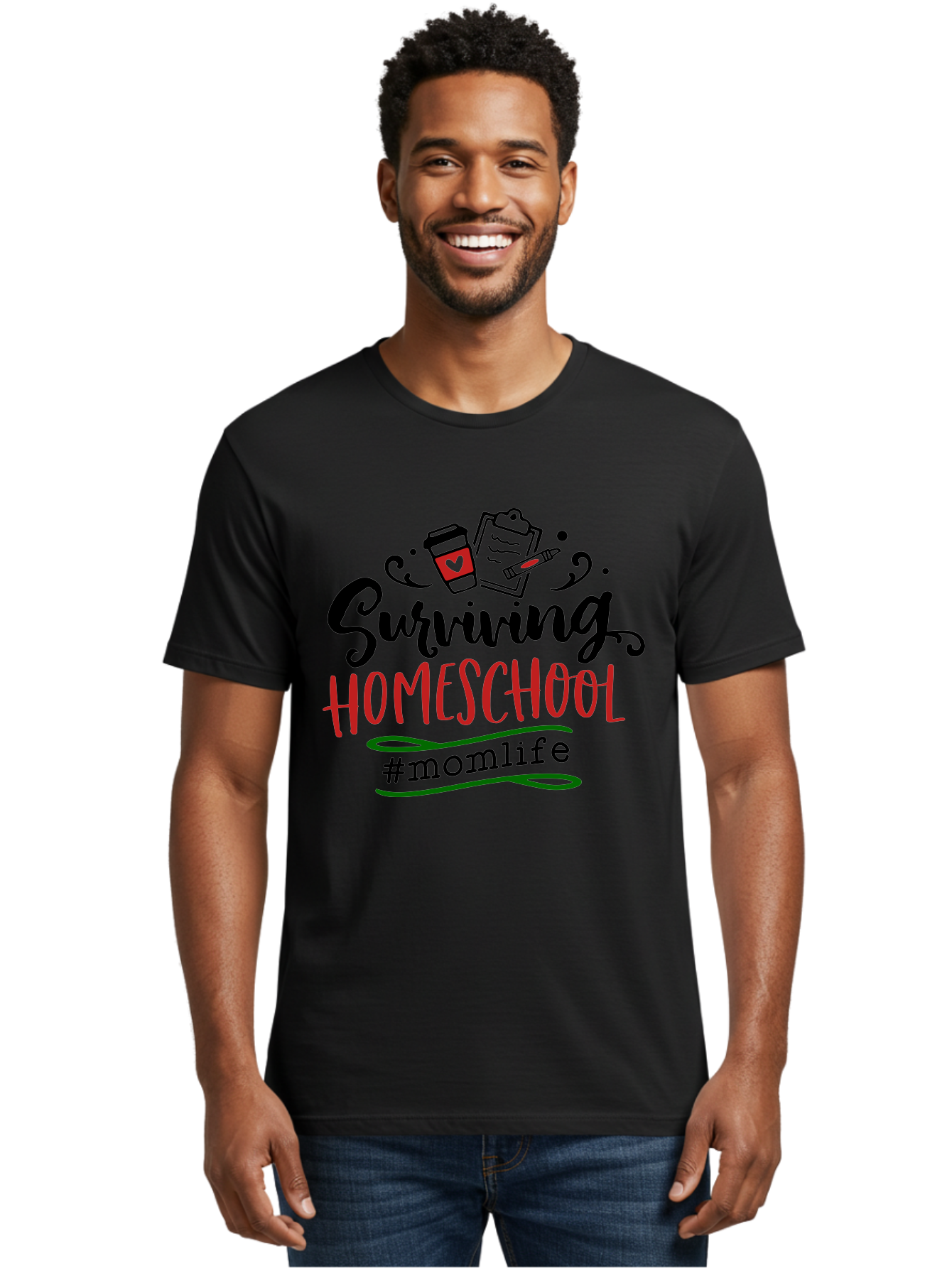 Surviving-Homeschool-9 Men'S Graphic Tee, 100% Cotton, Comfortable Casual Summer Wear, Machine Washable, Homeschool, Mom Life, Coffee Cup, Clipboard, Pencil, Motherhood, Parenting, Education, Homeschooling, Survival Tips, Parenting Struggles, Aab440