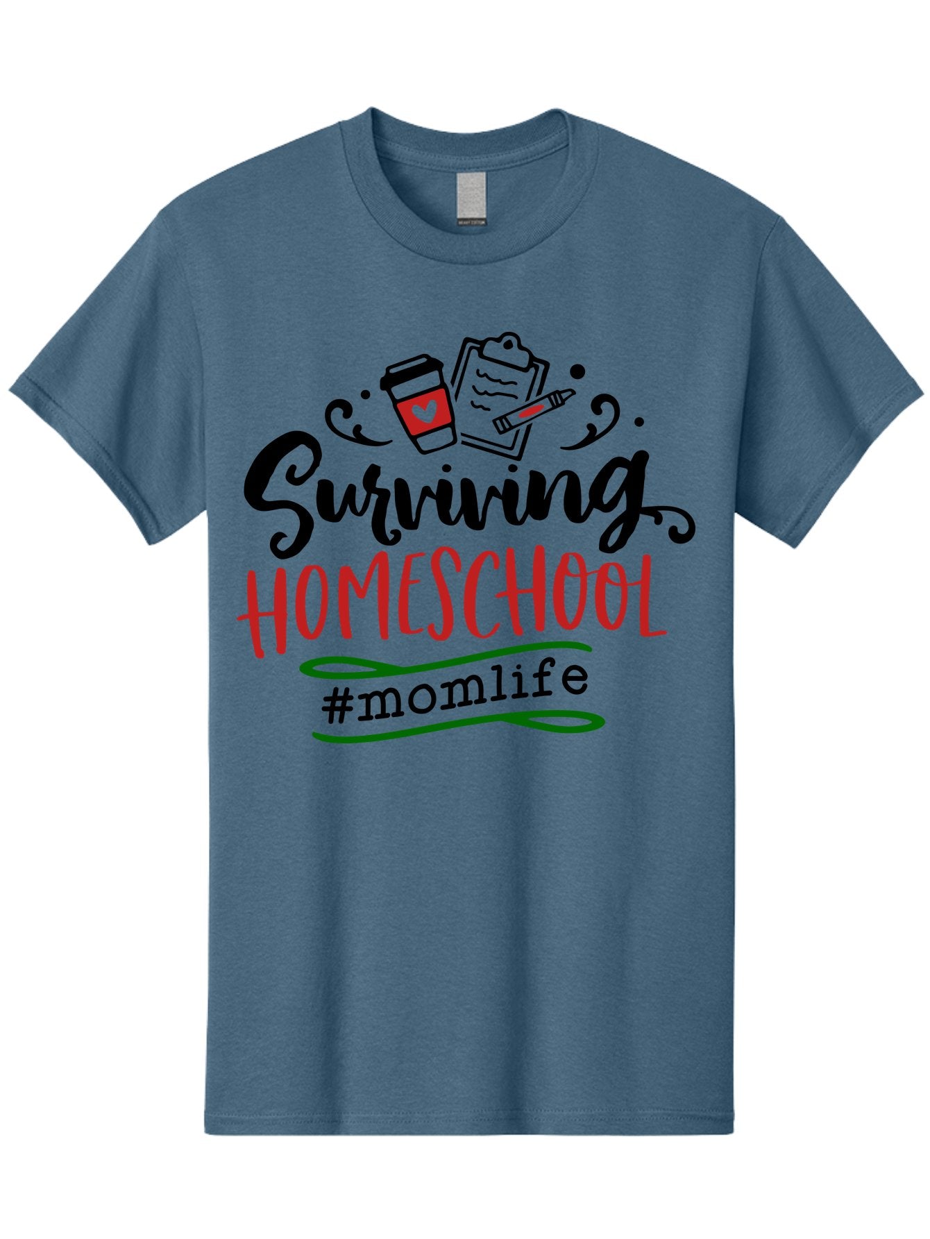 Surviving-Homeschool-9 Men'S Graphic Tee, 100% Cotton, Comfortable Casual Summer Wear, Machine Washable, Homeschool, Mom Life, Coffee Cup, Clipboard, Pencil, Motherhood, Parenting, Education, Homeschooling, Survival Tips, Parenting Struggles, Aab440