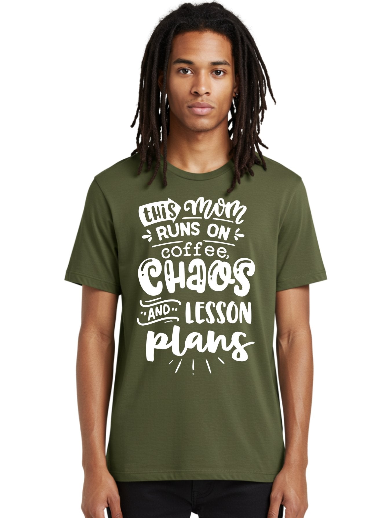 This-Mom-Runs-On-Coffee-Chaos-And-Lesson-Plans Men'S Graphic Tee, 100% Cotton, Comfortable Casual Summer Wear, Machine Washable, Funny Mom Quote, Mom Life, Coffee Humor, Teacher Mom, Chaotic Parenting, Lesson Plans, Mom Humor, Humorous Quote, Aab450 25