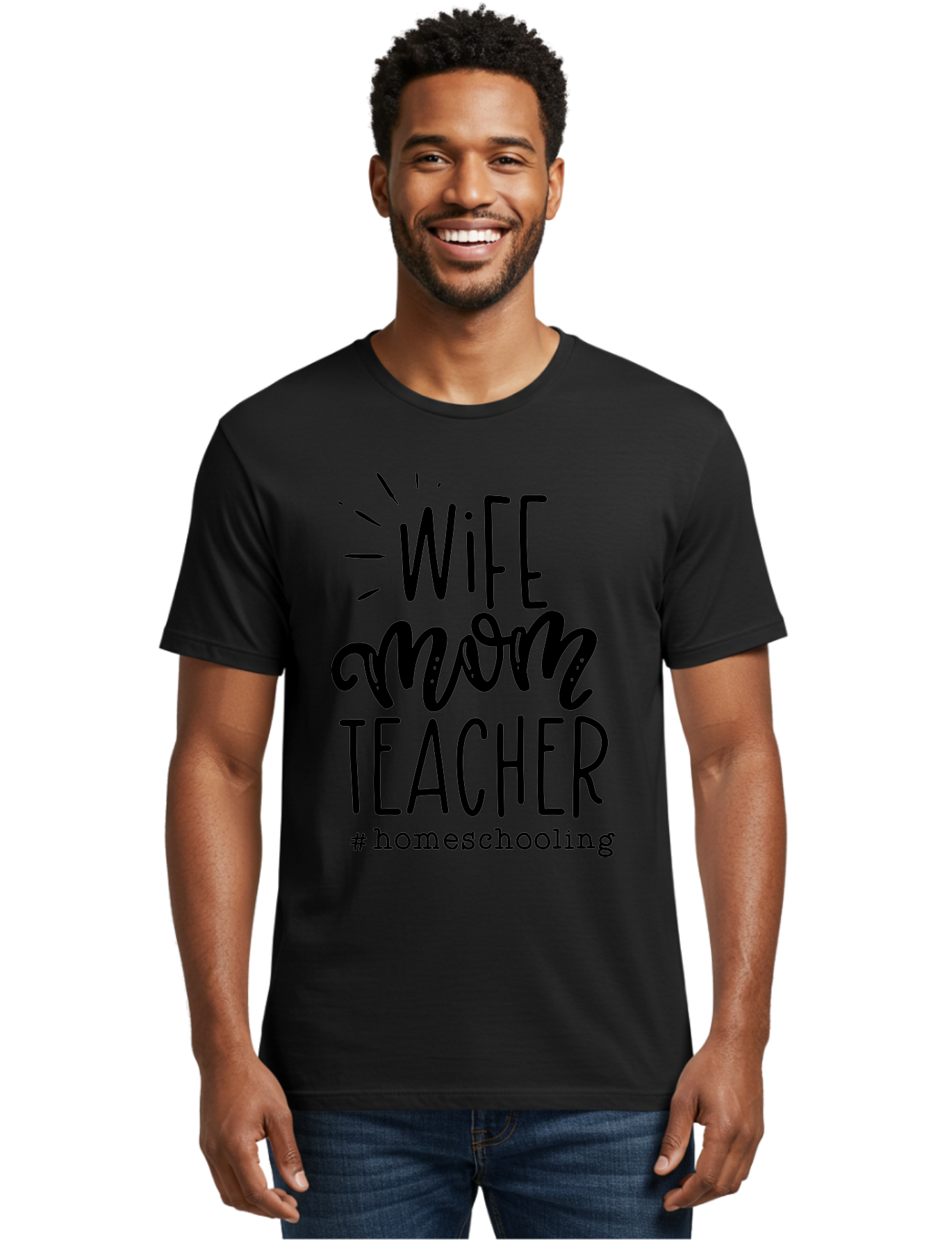 Wife-Mom-Teacher-Homeschooling-1 Men'S Graphic Tee, 100% Cotton, Comfortable Casual Summer Wear, Machine Washable, Homeschooling Mom, Wife And Teacher, Mom Life, Teacher Life, Homeschooling Quotes, Inspirational Quotes, Mom Quotes, Aab456