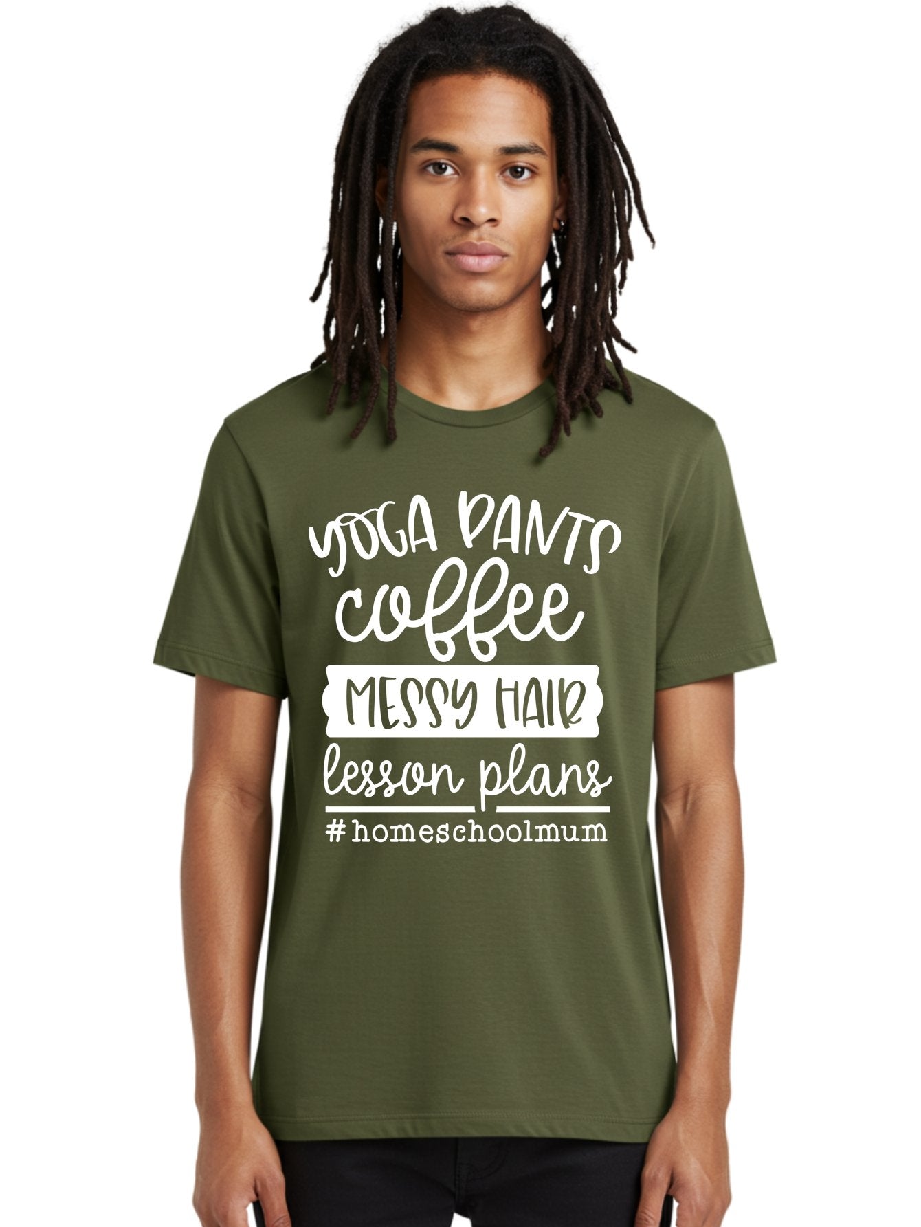 Yoga-Pants-Coffee-Messy-Hair-Lesson-Plans Men'S Graphic Tee, 100% Cotton, Comfortable Casual Summer Wear, Machine Washable, Homeschooling Mom, Yoga Pants, Messy Bun, Coffee Break, Lesson Plans, Mom Life, Homeschooling Lifestyle, Aab460 19