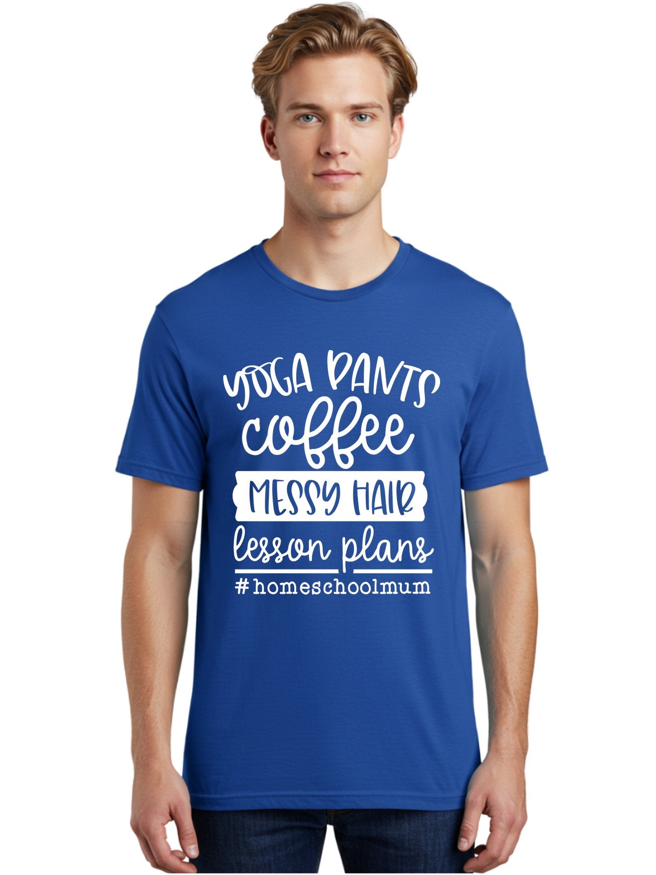 Yoga-Pants-Coffee-Messy-Hair-Lesson-Plans Men'S Graphic Tee, 100% Cotton, Comfortable Casual Summer Wear, Machine Washable, Homeschooling Mom, Yoga Pants, Messy Bun, Coffee Break, Lesson Plans, Mom Life, Homeschooling Lifestyle, Aab460 22