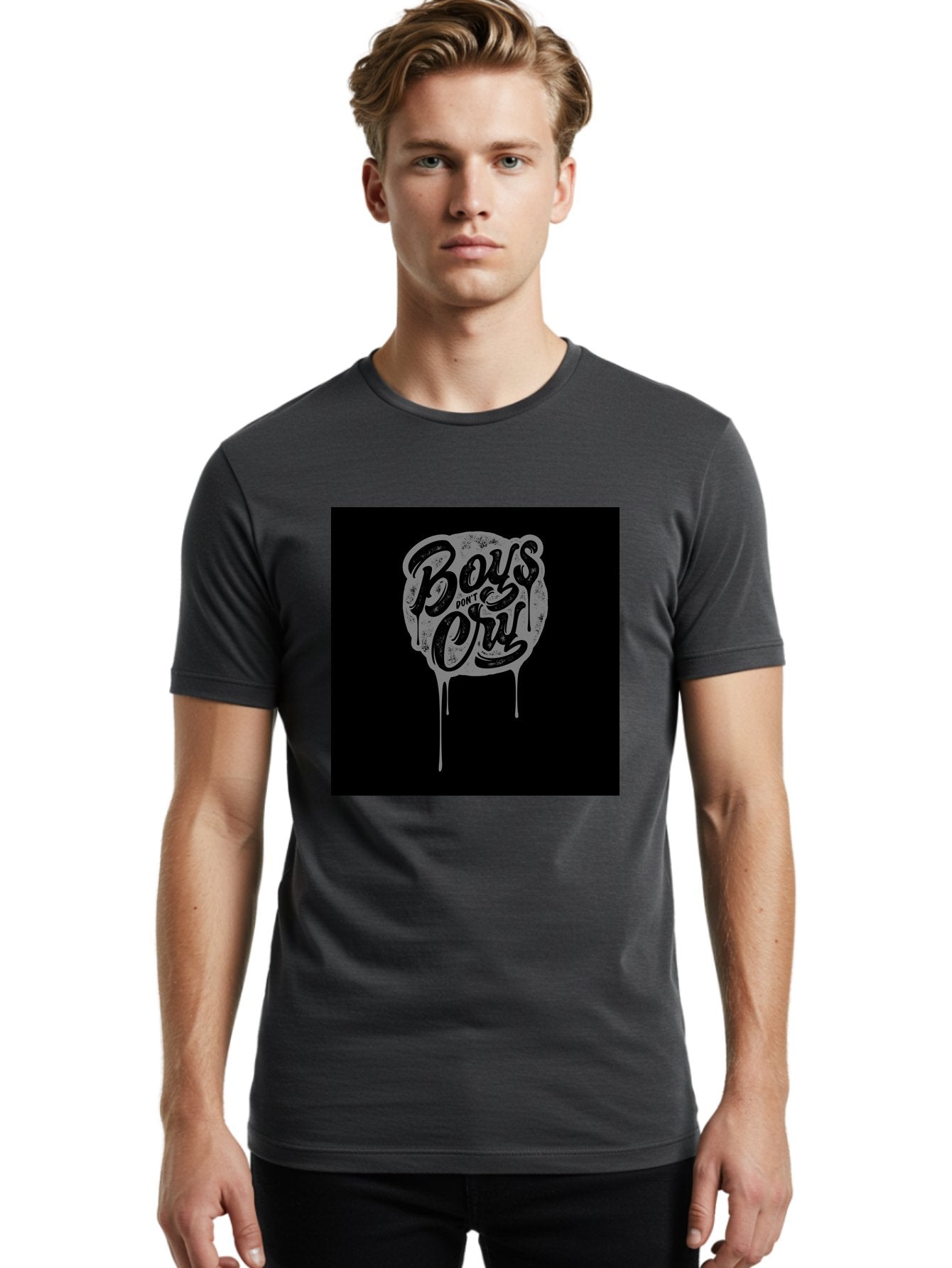Boys-Don-T-Cry Men'S Graphic Tee, 100% Cotton, Comfortable Casual Summer Wear, Machine Washable, Boys Don'T Cry, Emotional Strength, Bold Typography, Grey Paint Drips, Black Background, Graphic Design, Urban Style, Rock Music, Typographic Art, Aab463 19