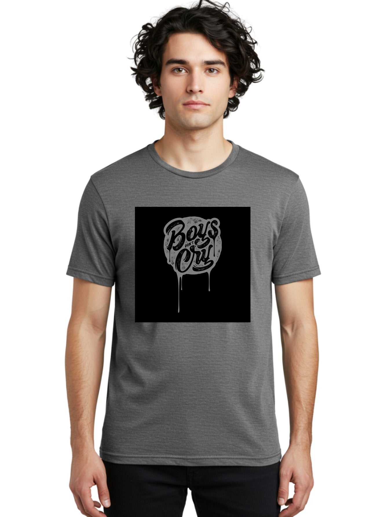Boys-Don-T-Cry Men'S Graphic Tee, 100% Cotton, Comfortable Casual Summer Wear, Machine Washable, Boys Don'T Cry, Emotional Strength, Bold Typography, Grey Paint Drips, Black Background, Graphic Design, Urban Style, Rock Music, Typographic Art, Aab463 30