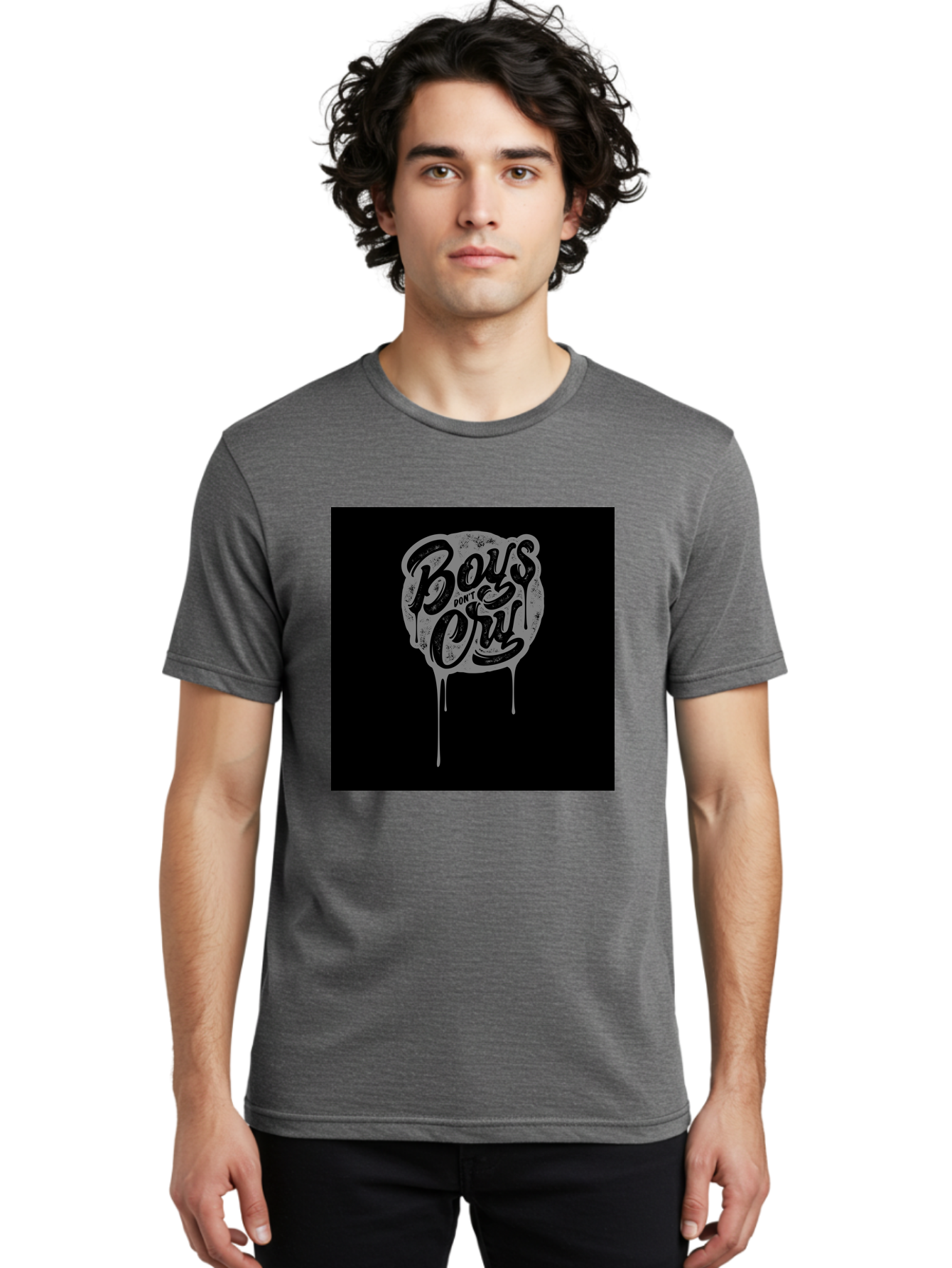 Boys-Don-T-Cry Men'S Graphic Tee, 100% Cotton, Comfortable Casual Summer Wear, Machine Washable, Boys Don'T Cry, Emotional Strength, Bold Typography, Grey Paint Drips, Black Background, Graphic Design, Urban Style, Rock Music, Typographic Art, Aab463 10