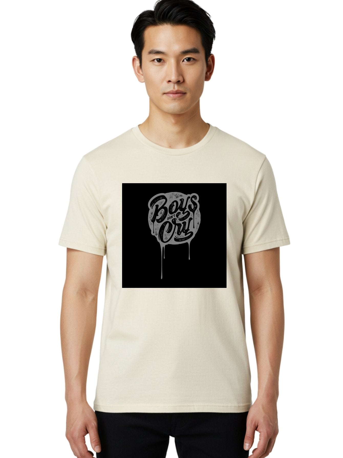 Boys-Don-T-Cry Men'S Graphic Tee, 100% Cotton, Comfortable Casual Summer Wear, Machine Washable, Boys Don'T Cry, Emotional Strength, Bold Typography, Grey Paint Drips, Black Background, Graphic Design, Urban Style, Rock Music, Typographic Art, Aab463 16