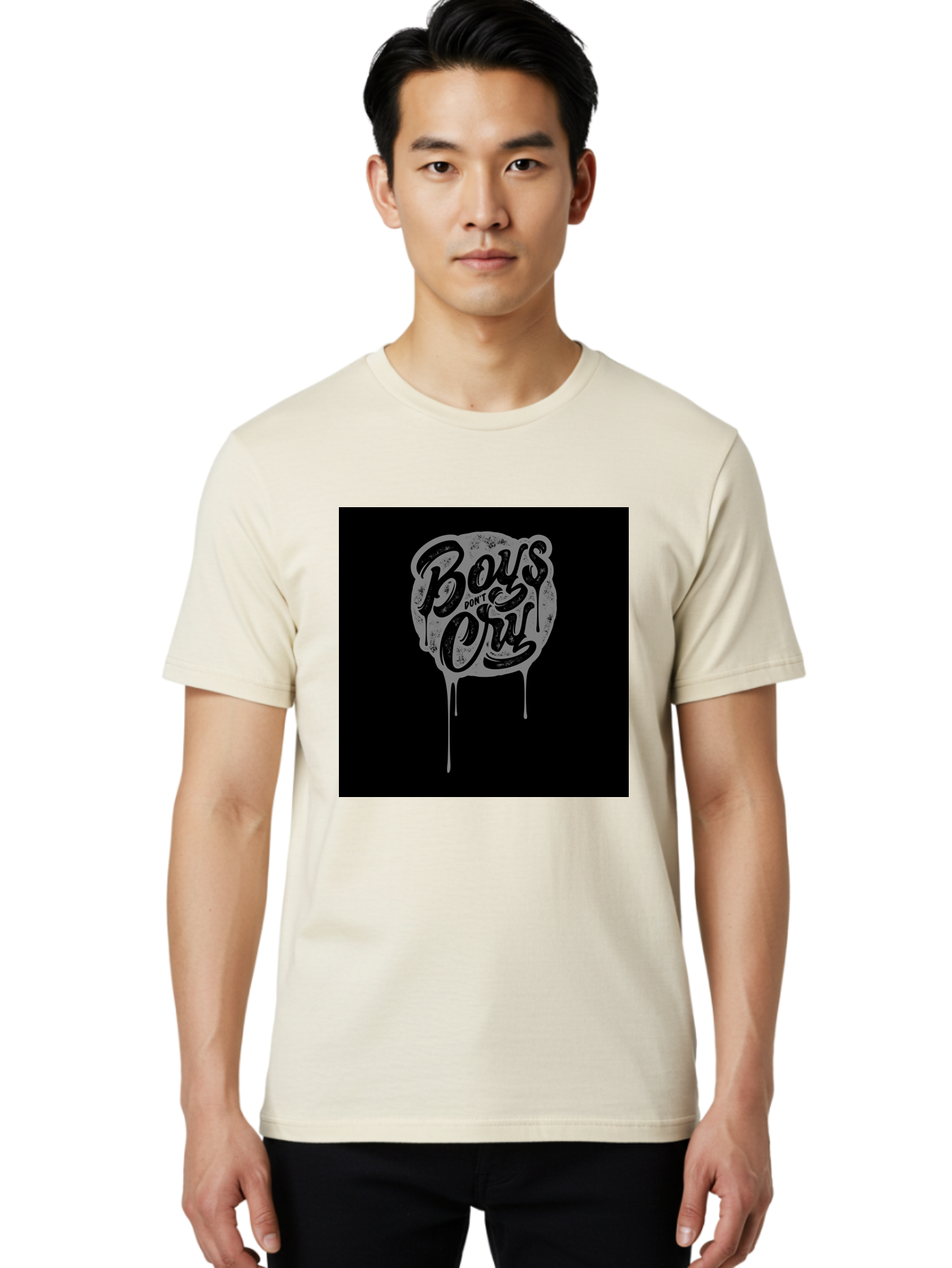 Boys-Don-T-Cry Men'S Graphic Tee, 100% Cotton, Comfortable Casual Summer Wear, Machine Washable, Boys Don'T Cry, Emotional Strength, Bold Typography, Grey Paint Drips, Black Background, Graphic Design, Urban Style, Rock Music, Typographic Art, Aab463 18