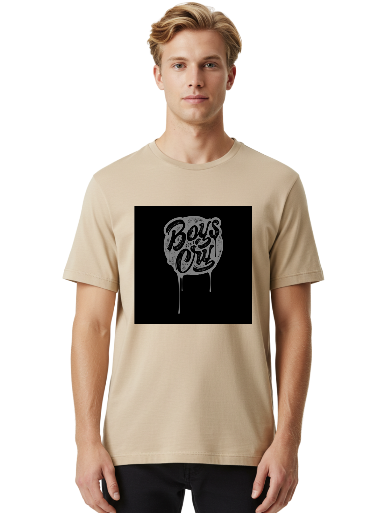 Boys-Don-T-Cry Men'S Graphic Tee, 100% Cotton, Comfortable Casual Summer Wear, Machine Washable, Boys Don'T Cry, Emotional Strength, Bold Typography, Grey Paint Drips, Black Background, Graphic Design, Urban Style, Rock Music, Typographic Art, Aab463 28
