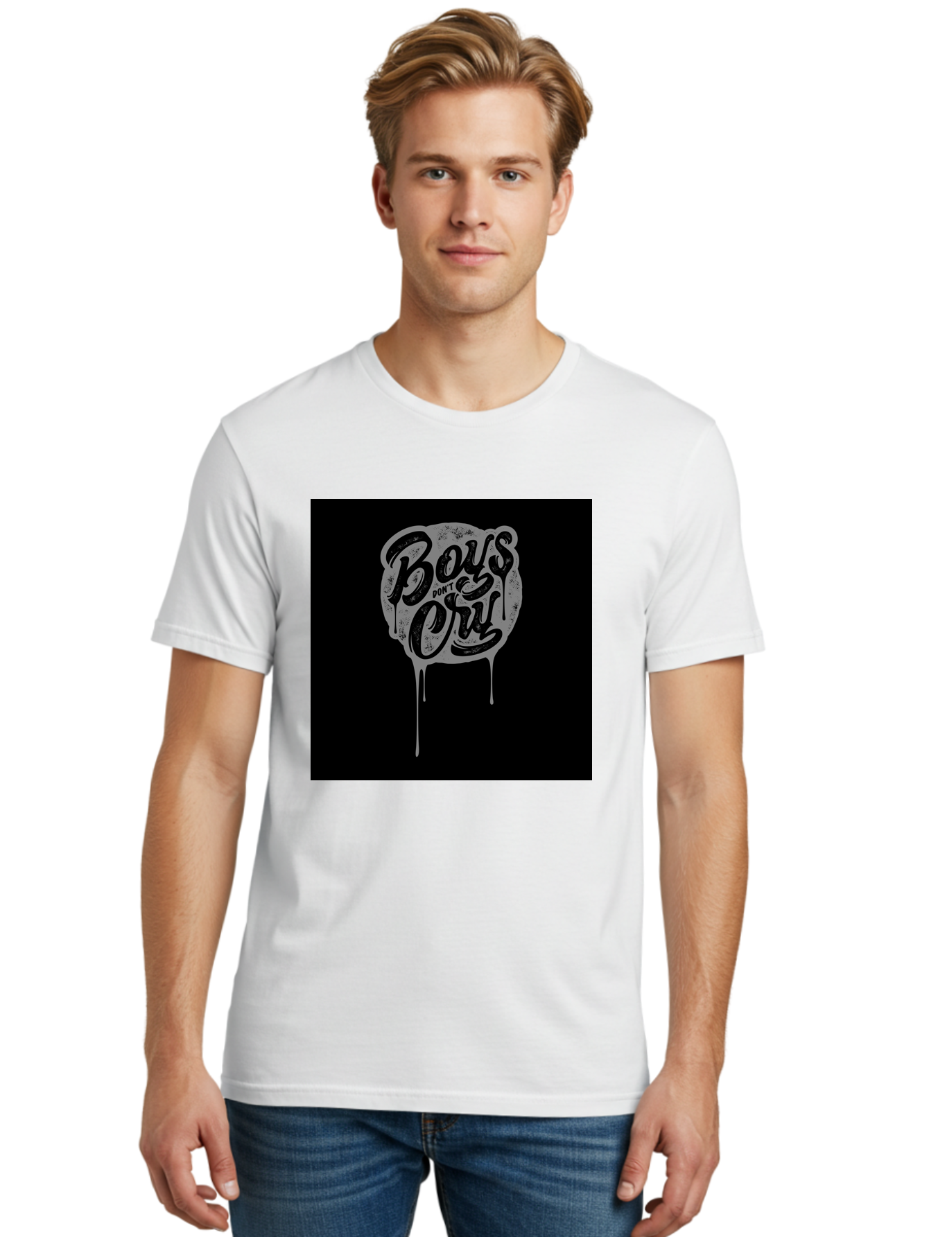 Boys-Don-T-Cry Men'S Graphic Tee, 100% Cotton, Comfortable Casual Summer Wear, Machine Washable, Boys Don'T Cry, Emotional Strength, Bold Typography, Grey Paint Drips, Black Background, Graphic Design, Urban Style, Rock Music, Typographic Art, Aab463 30