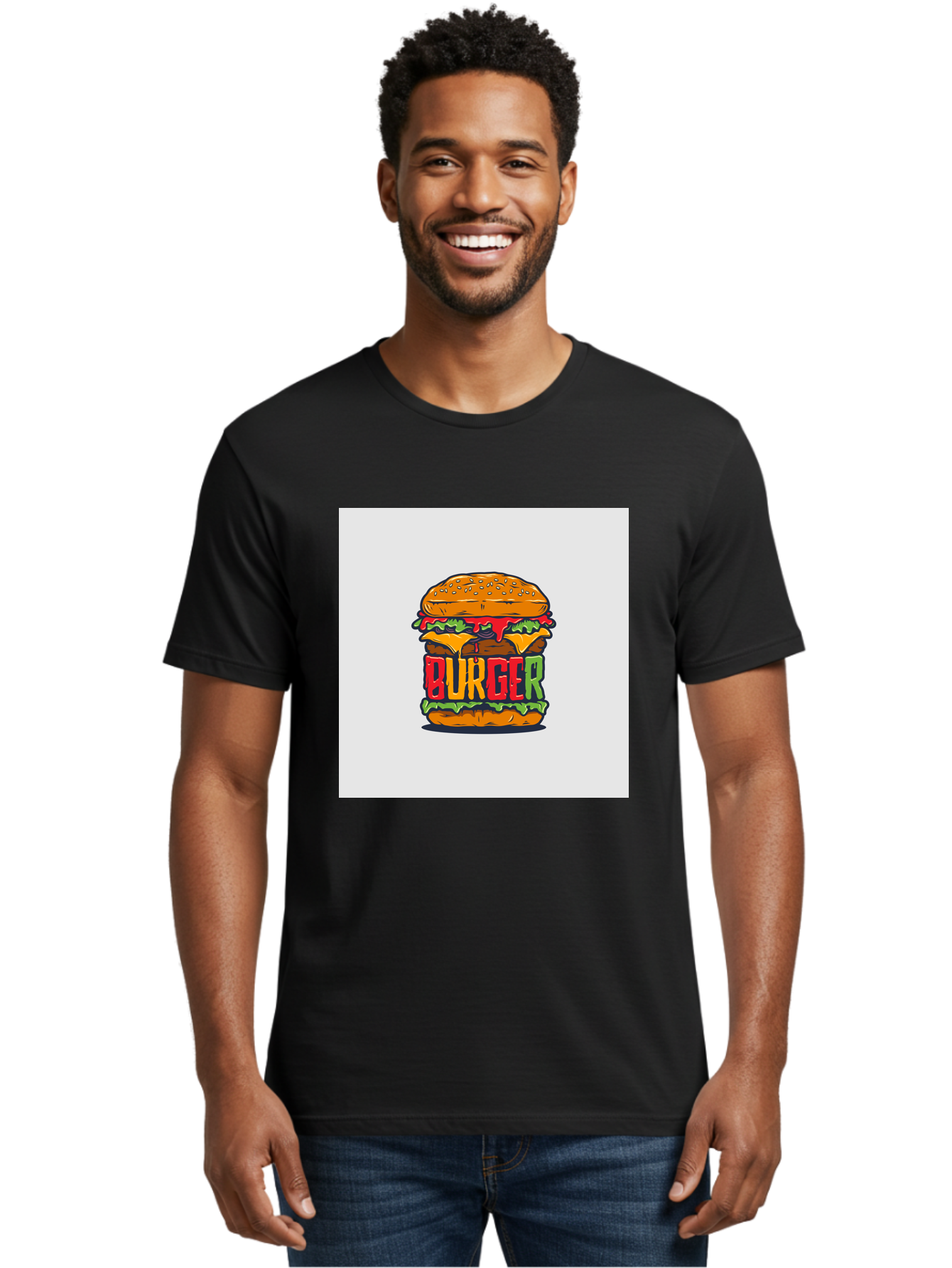 Burger Men'S Graphic Tee, 100% Cotton, Comfortable Casual Summer Wear, Machine Washable, Cartoon Burger, Juicy Patty, Melted Cheese, Fresh Lettuce, Ketchup Dripping, Sesame Seed Bun, Colorful Illustration, Fast Food, Burger Joint, Tasty Meal, Aab464