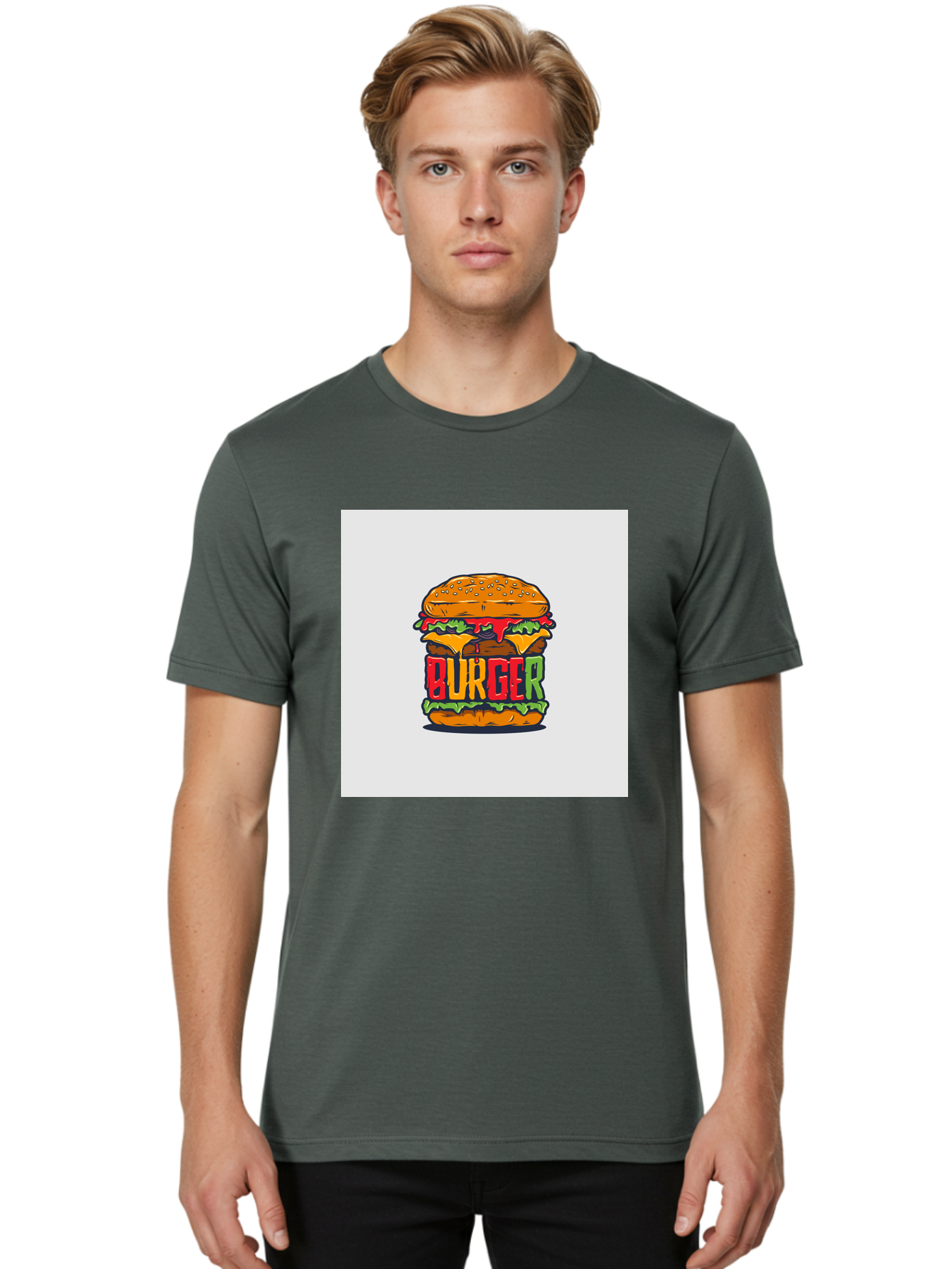 Burger Men'S Graphic Tee, 100% Cotton, Comfortable Casual Summer Wear, Machine Washable, Cartoon Burger, Juicy Patty, Melted Cheese, Fresh Lettuce, Ketchup Dripping, Sesame Seed Bun, Colorful Illustration, Fast Food, Burger Joint, Tasty Meal, Aab464 4