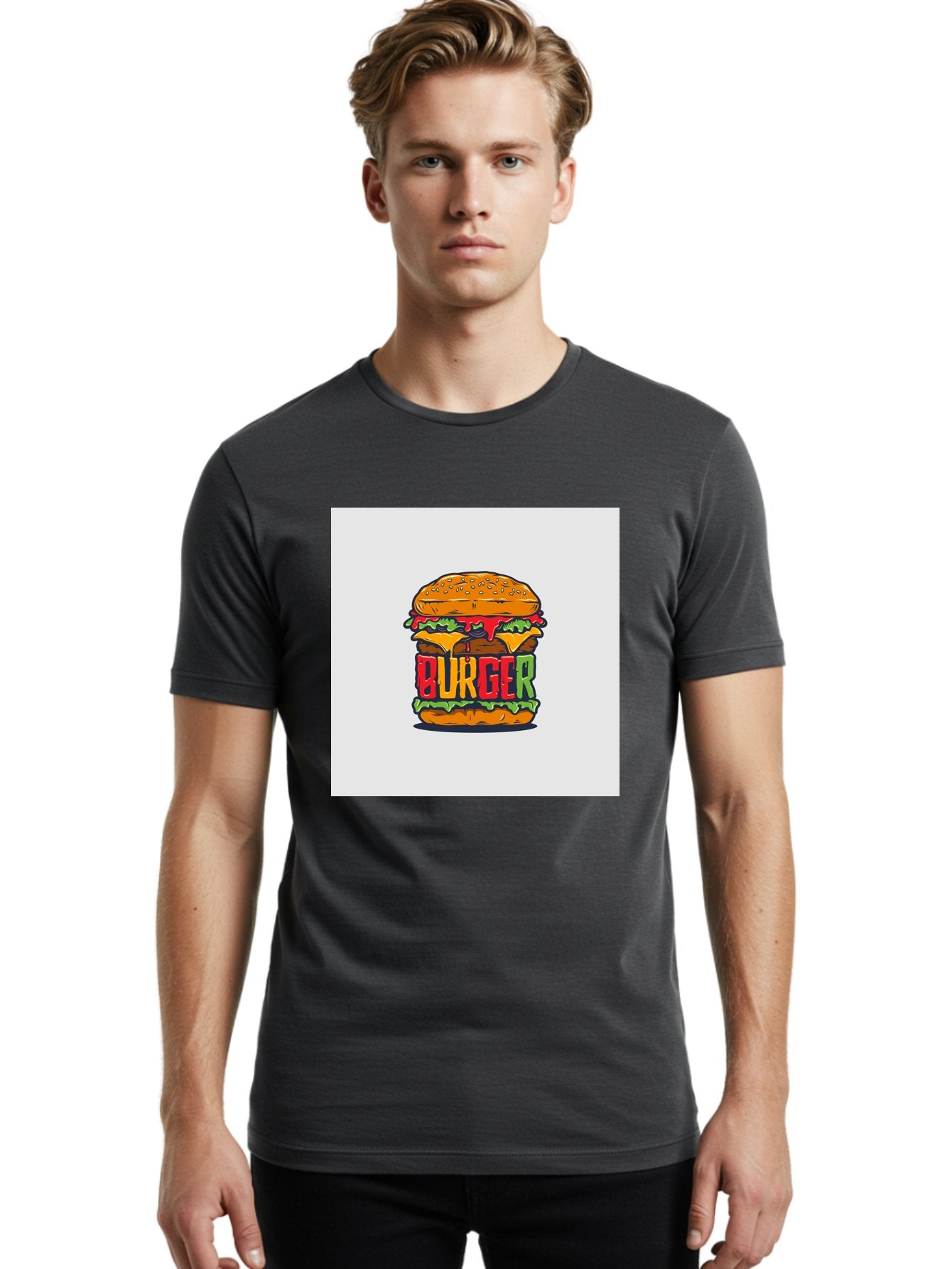 Burger Men'S Graphic Tee, 100% Cotton, Comfortable Casual Summer Wear, Machine Washable, Cartoon Burger, Juicy Patty, Melted Cheese, Fresh Lettuce, Ketchup Dripping, Sesame Seed Bun, Colorful Illustration, Fast Food, Burger Joint, Tasty Meal, Aab464 30