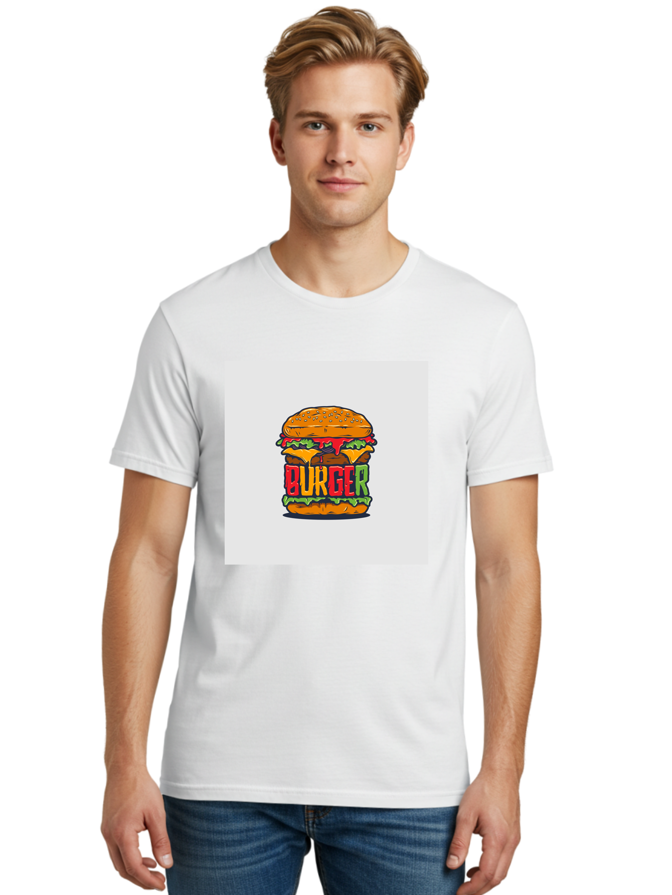 Burger Men'S Graphic Tee, 100% Cotton, Comfortable Casual Summer Wear, Machine Washable, Cartoon Burger, Juicy Patty, Melted Cheese, Fresh Lettuce, Ketchup Dripping, Sesame Seed Bun, Colorful Illustration, Fast Food, Burger Joint, Tasty Meal, Aab464 30