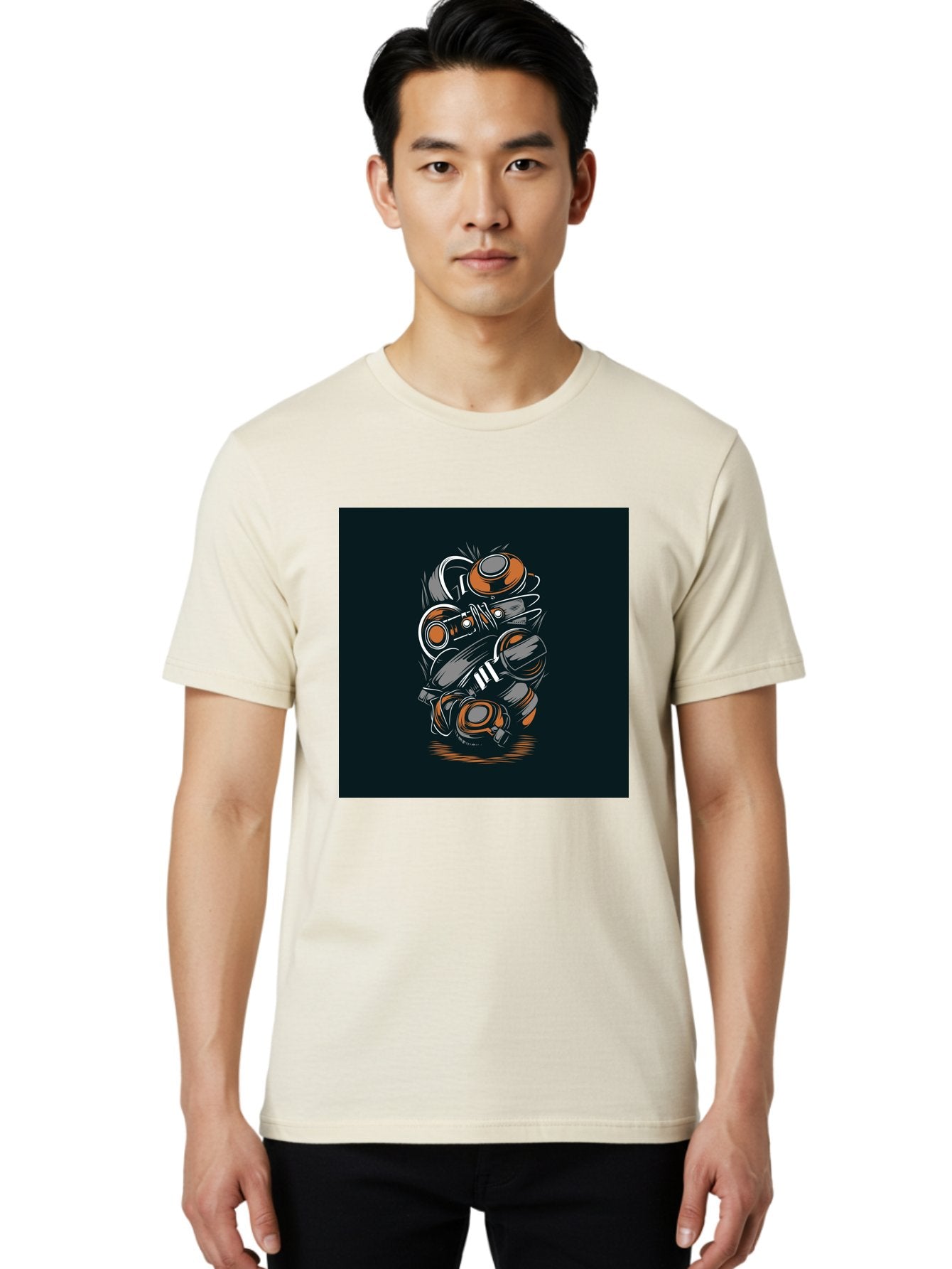 Gas-Mask-Illustration Men'S Graphic Tee, 100% Cotton, Comfortable Casual Summer Wear, Machine Washable, Gas Mask Illustration, Safety Gear, Protective Equipment, Orange And Gray Design, Abstract Art, Modern Graphic, Industrial Style, Aab468 24