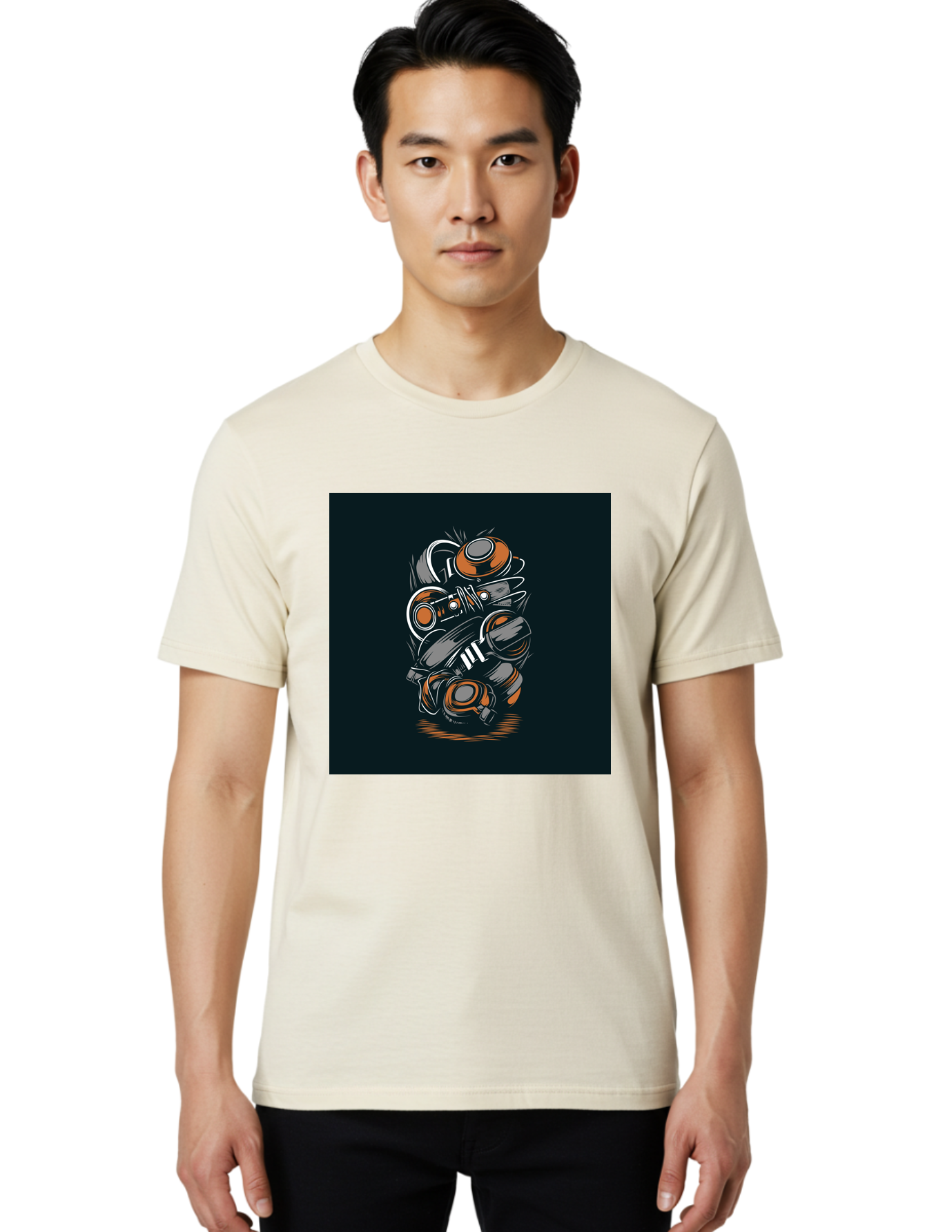 Gas-Mask-Illustration Men'S Graphic Tee, 100% Cotton, Comfortable Casual Summer Wear, Machine Washable, Gas Mask Illustration, Safety Gear, Protective Equipment, Orange And Gray Design, Abstract Art, Modern Graphic, Industrial Style, Aab468 18