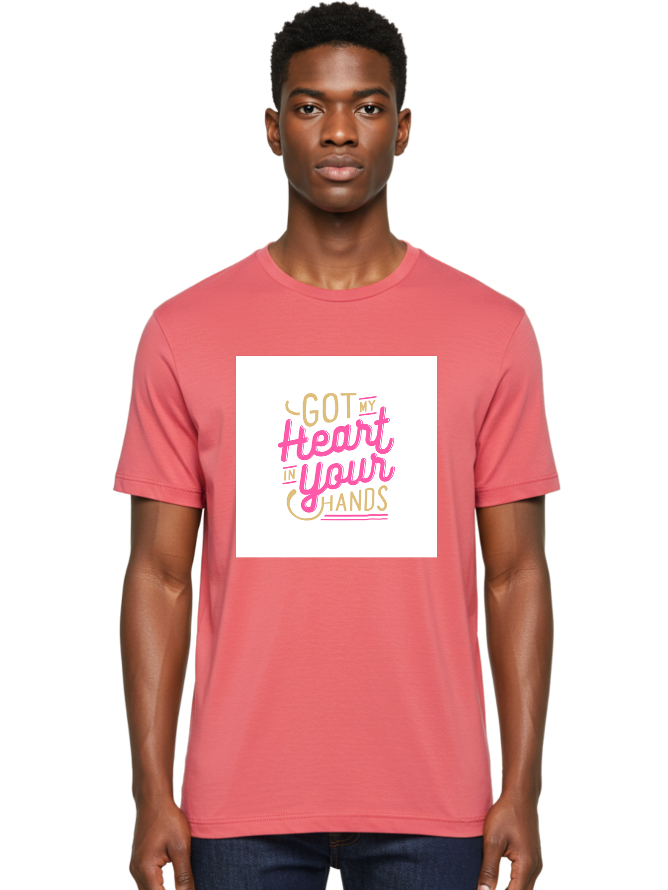 Got-My-Heart-In-Your-Hands Men'S Graphic Tee, 100% Cotton, Comfortable Casual Summer Wear, Machine Washable, Love Quote, Typography Art, Heartwarming Phrase, Gold And Pink Lettering, Inspirational Words, Romantic Gesture, Sweet Sentiment, Aab469