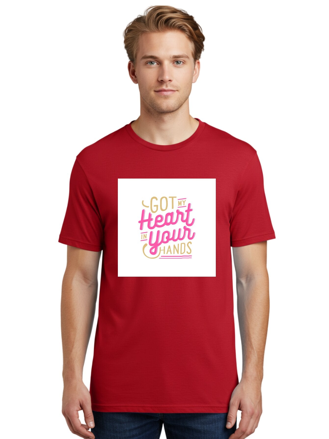 Got-My-Heart-In-Your-Hands Men'S Graphic Tee, 100% Cotton, Comfortable Casual Summer Wear, Machine Washable, Love Quote, Typography Art, Heartwarming Phrase, Gold And Pink Lettering, Inspirational Words, Romantic Gesture, Sweet Sentiment, Aab469 27