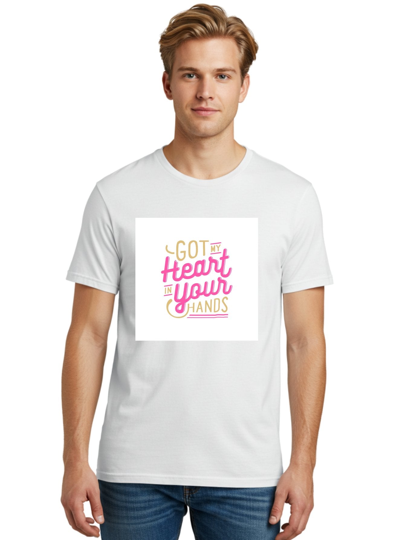 Got-My-Heart-In-Your-Hands Men'S Graphic Tee, 100% Cotton, Comfortable Casual Summer Wear, Machine Washable, Love Quote, Typography Art, Heartwarming Phrase, Gold And Pink Lettering, Inspirational Words, Romantic Gesture, Sweet Sentiment, Aab469 28
