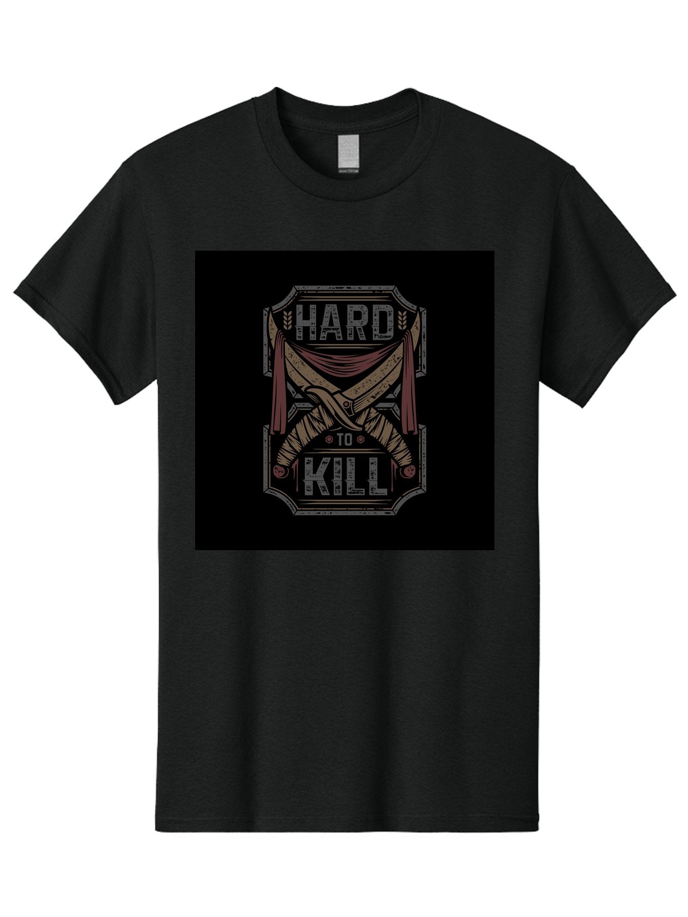 Hard-To-Kill Men'S Graphic Tee, 100% Cotton, Comfortable Casual Summer Wear, Machine Washable, Vintage Typography, Distressed Design, Crossed Swords, Red Fabric, Bold Graphics, Motivational Quote, Warrior Symbol, Edgy Style, Strong Message, Aab470 15