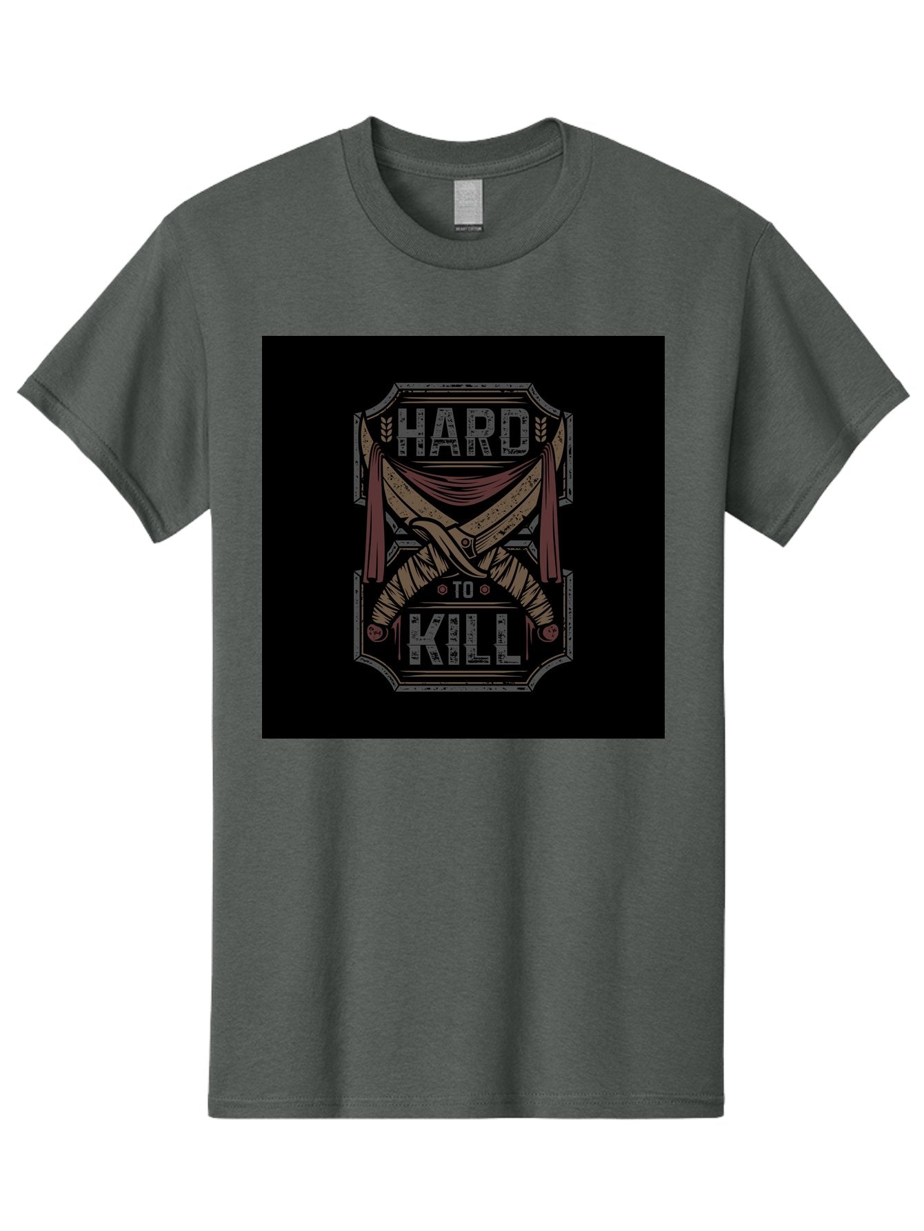 Hard-To-Kill Men'S Graphic Tee, 100% Cotton, Comfortable Casual Summer Wear, Machine Washable, Vintage Typography, Distressed Design, Crossed Swords, Red Fabric, Bold Graphics, Motivational Quote, Warrior Symbol, Edgy Style, Strong Message, Aab470 8