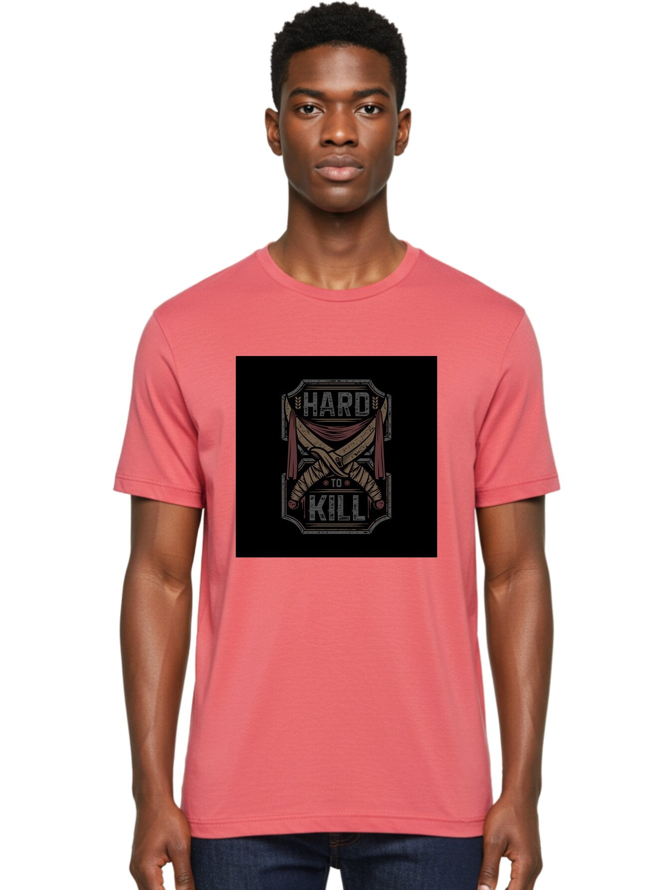 Hard-To-Kill Men'S Graphic Tee, 100% Cotton, Comfortable Casual Summer Wear, Machine Washable, Vintage Typography, Distressed Design, Crossed Swords, Red Fabric, Bold Graphics, Motivational Quote, Warrior Symbol, Edgy Style, Strong Message, Aab470 29