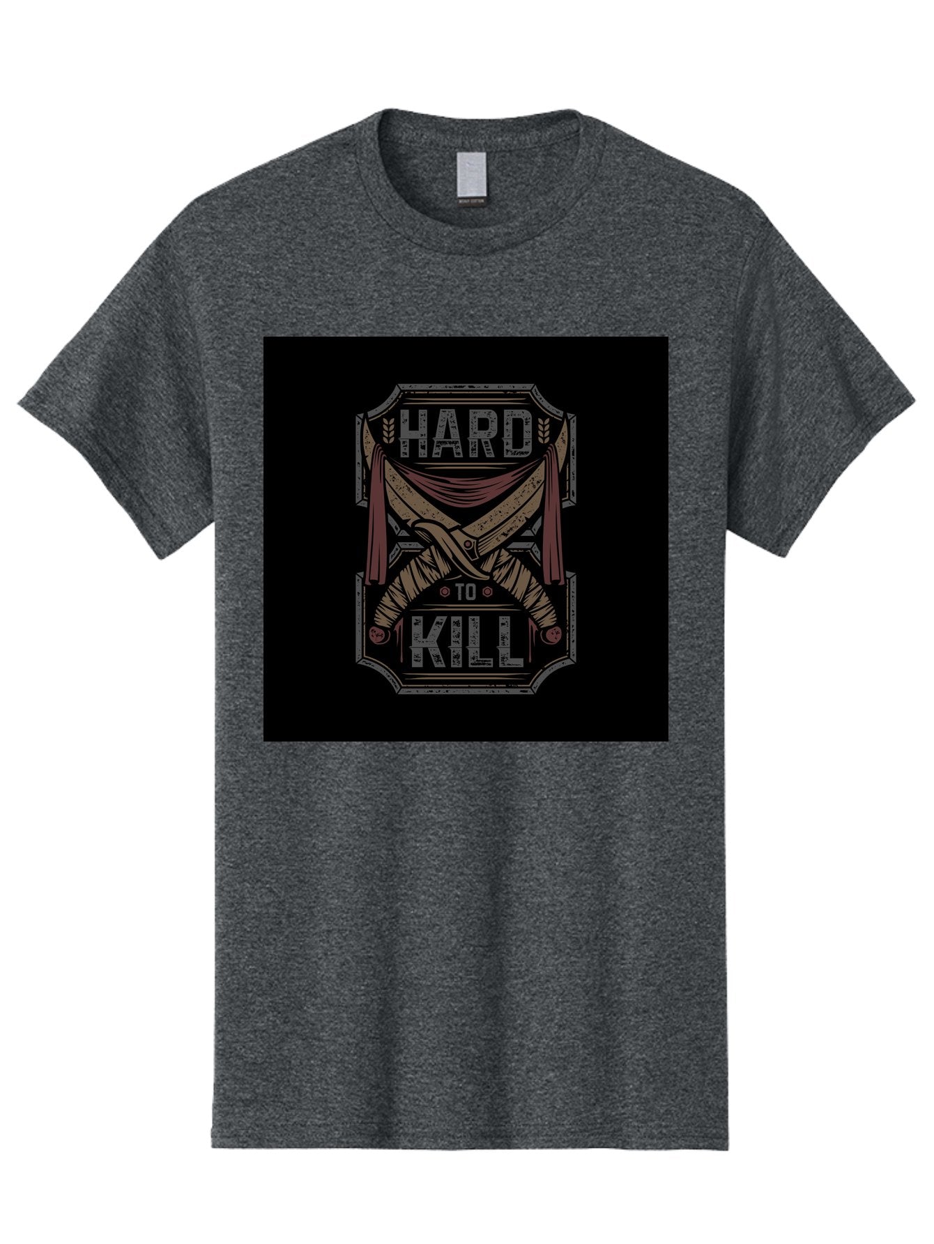 Hard-To-Kill Men'S Graphic Tee, 100% Cotton, Comfortable Casual Summer Wear, Machine Washable, Vintage Typography, Distressed Design, Crossed Swords, Red Fabric, Bold Graphics, Motivational Quote, Warrior Symbol, Edgy Style, Strong Message, Aab470 10