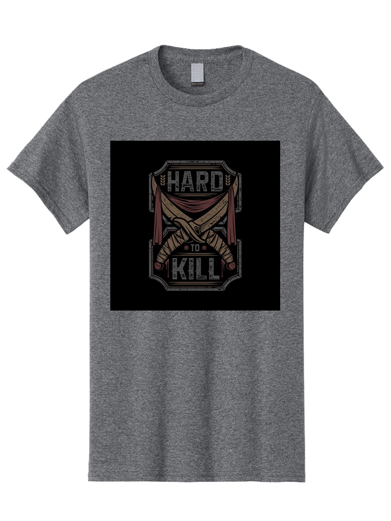 Hard-To-Kill Men'S Graphic Tee, 100% Cotton, Comfortable Casual Summer Wear, Machine Washable, Vintage Typography, Distressed Design, Crossed Swords, Red Fabric, Bold Graphics, Motivational Quote, Warrior Symbol, Edgy Style, Strong Message, Aab470 7