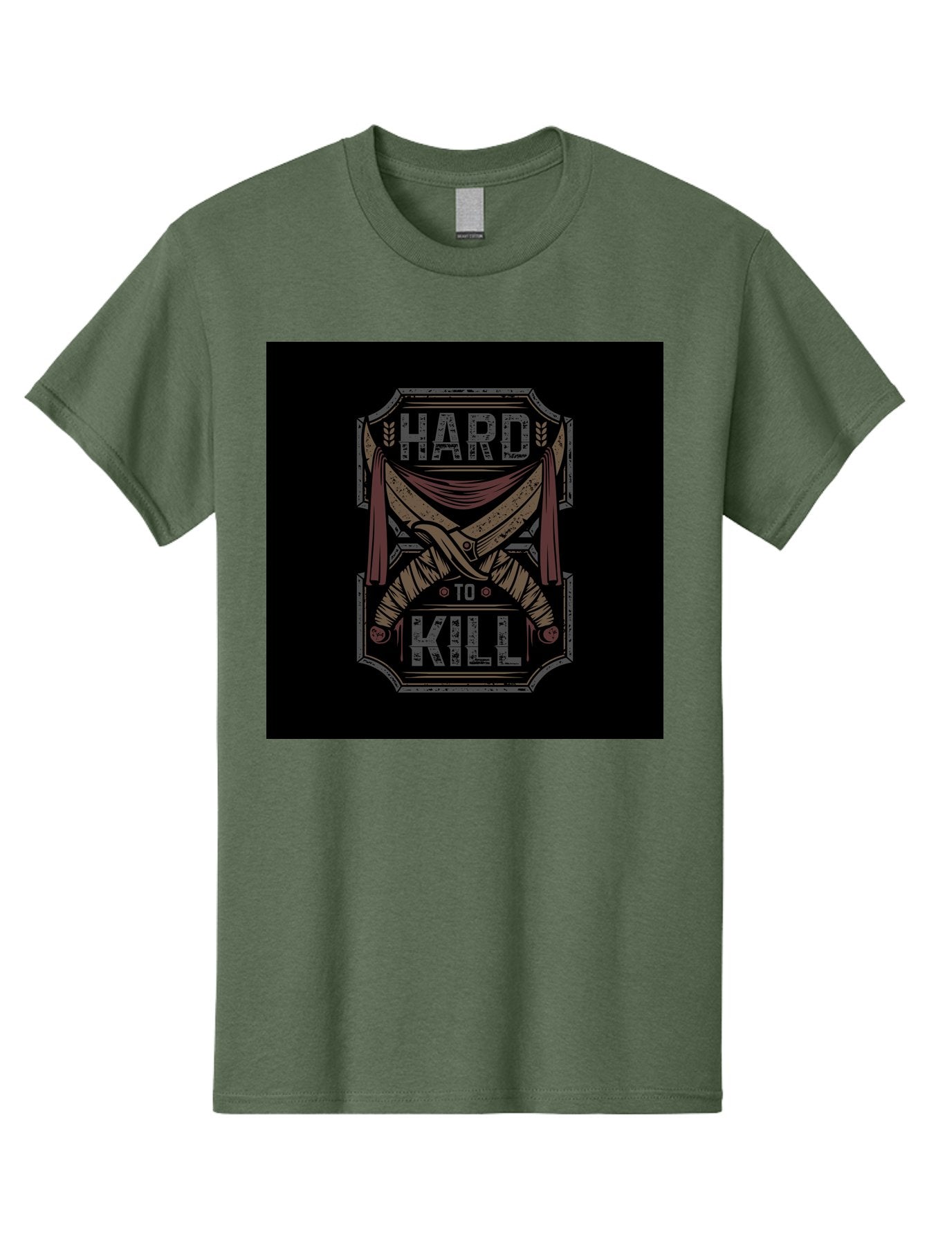Hard-To-Kill Men'S Graphic Tee, 100% Cotton, Comfortable Casual Summer Wear, Machine Washable, Vintage Typography, Distressed Design, Crossed Swords, Red Fabric, Bold Graphics, Motivational Quote, Warrior Symbol, Edgy Style, Strong Message, Aab470 13