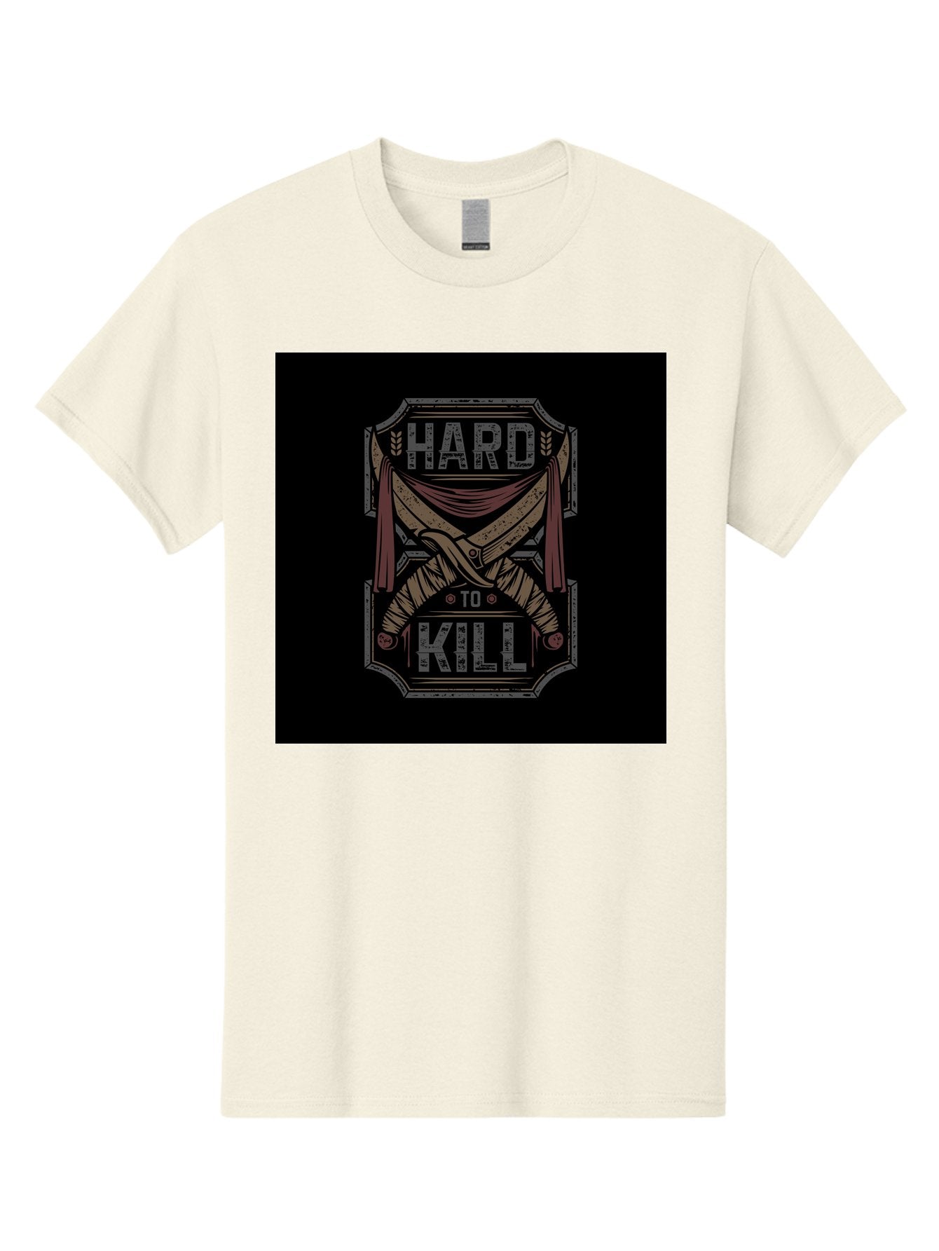 Hard-To-Kill Men'S Graphic Tee, 100% Cotton, Comfortable Casual Summer Wear, Machine Washable, Vintage Typography, Distressed Design, Crossed Swords, Red Fabric, Bold Graphics, Motivational Quote, Warrior Symbol, Edgy Style, Strong Message, Aab470 11