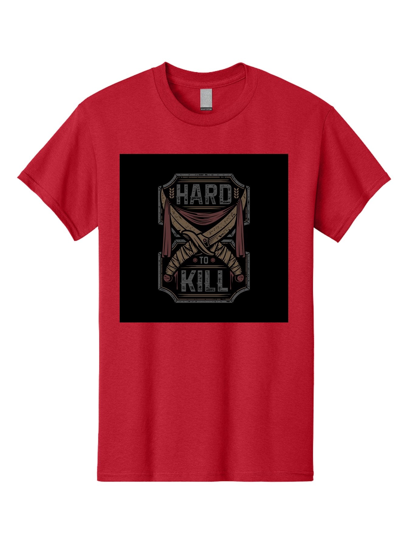 Hard-To-Kill Men'S Graphic Tee, 100% Cotton, Comfortable Casual Summer Wear, Machine Washable, Vintage Typography, Distressed Design, Crossed Swords, Red Fabric, Bold Graphics, Motivational Quote, Warrior Symbol, Edgy Style, Strong Message, Aab470 4