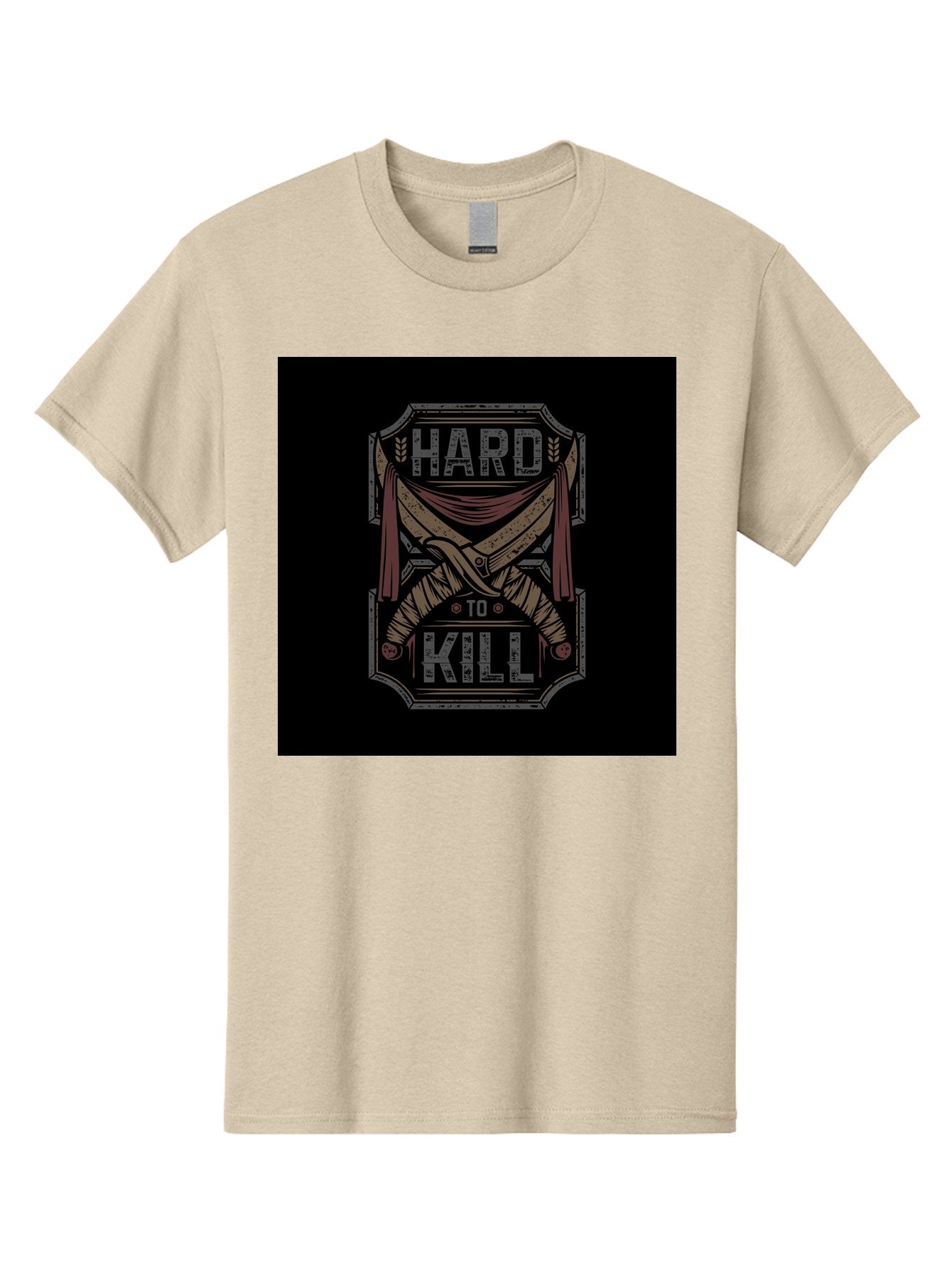 Hard-To-Kill Men'S Graphic Tee, 100% Cotton, Comfortable Casual Summer Wear, Machine Washable, Vintage Typography, Distressed Design, Crossed Swords, Red Fabric, Bold Graphics, Motivational Quote, Warrior Symbol, Edgy Style, Strong Message, Aab470