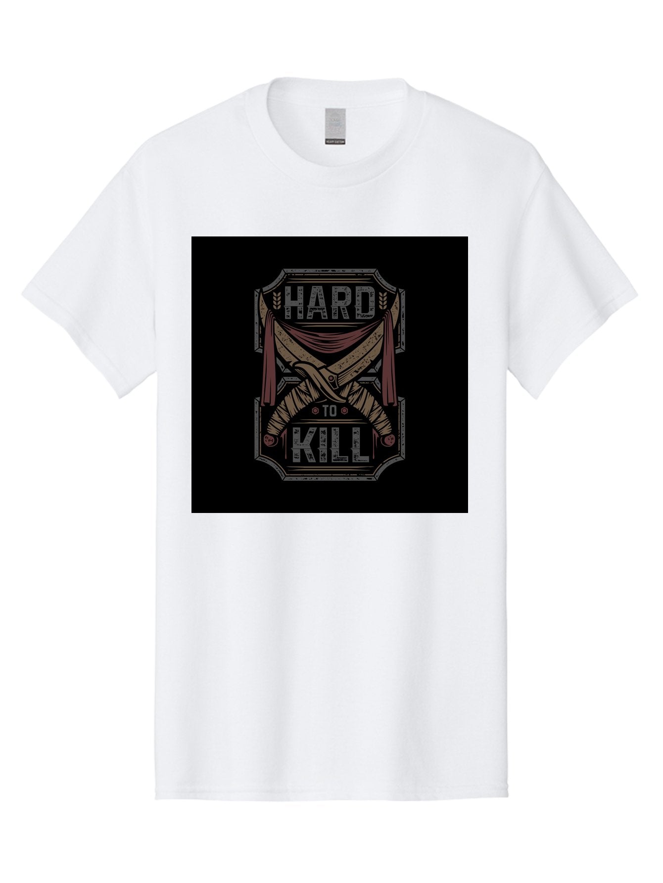 Hard-To-Kill Men'S Graphic Tee, 100% Cotton, Comfortable Casual Summer Wear, Machine Washable, Vintage Typography, Distressed Design, Crossed Swords, Red Fabric, Bold Graphics, Motivational Quote, Warrior Symbol, Edgy Style, Strong Message, Aab470 9