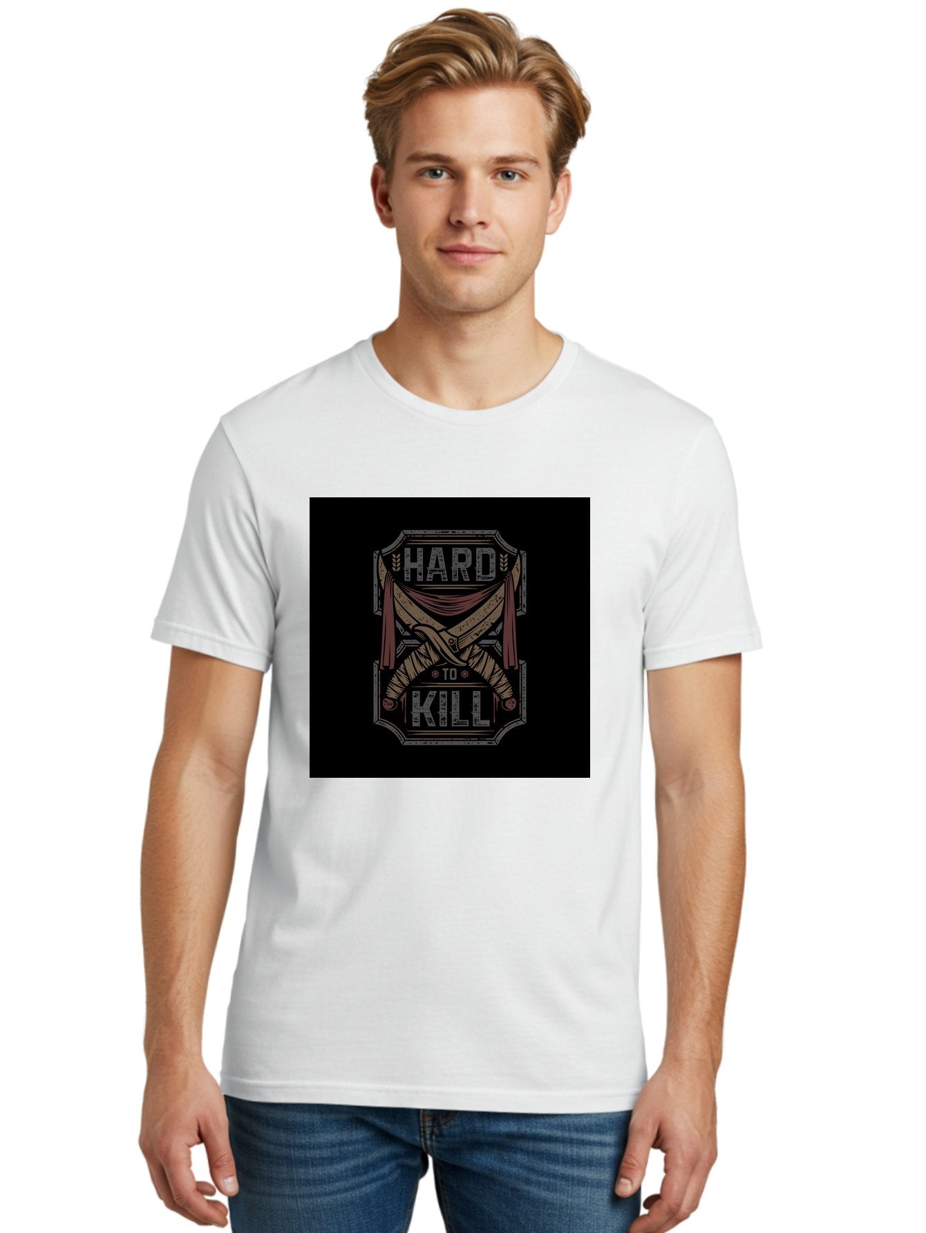 Hard-To-Kill Men'S Graphic Tee, 100% Cotton, Comfortable Casual Summer Wear, Machine Washable, Vintage Typography, Distressed Design, Crossed Swords, Red Fabric, Bold Graphics, Motivational Quote, Warrior Symbol, Edgy Style, Strong Message, Aab470 26