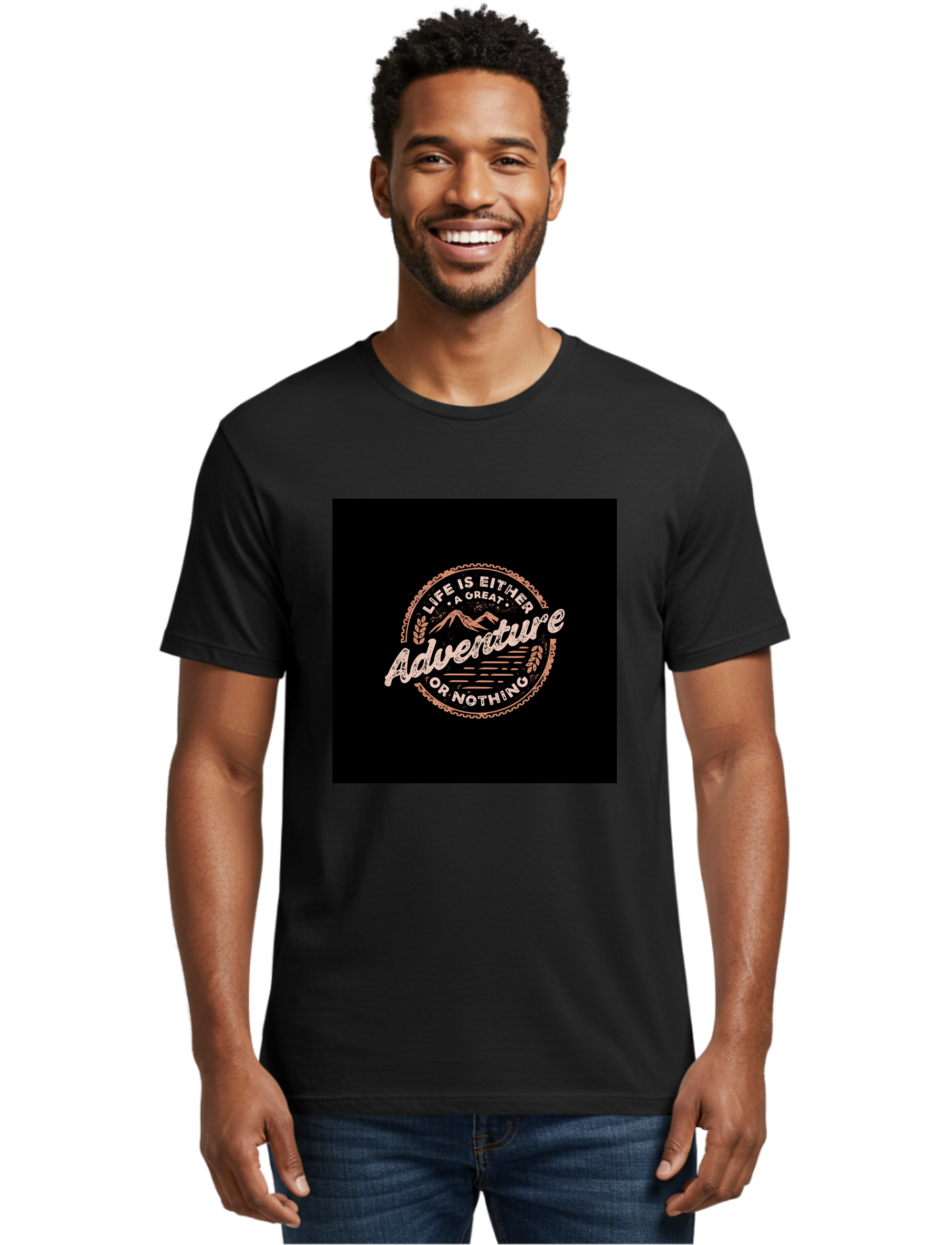 Life-Is-Either-Adventure-Or-Nothing Men'S Graphic Tee, 100% Cotton, Comfortable Casual Summer Wear, Machine Washable, Motivational Quote, Adventure Seeking, Inspiring Words, Travel Inspiration, Outdoor Enthusiasm, Wanderlust, Exploration, Aab473