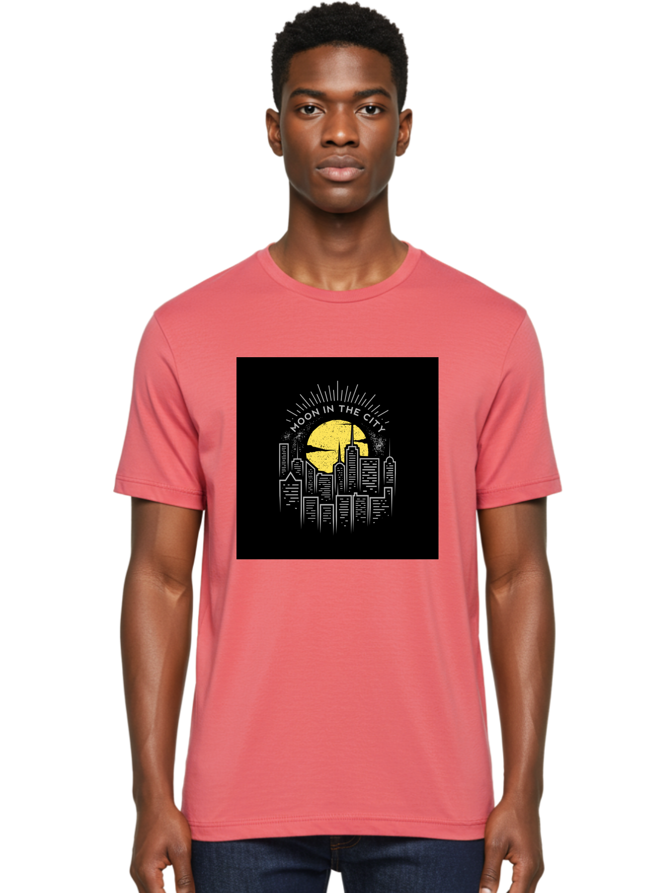 Moon-In-The-City Men'S Graphic Tee, 100% Cotton, Comfortable Casual Summer Wear, Machine Washable, City Skyline, Urban Landscape, Full Moon, Night Scene, Modern Architecture, Skyscrapers, Moonlit, City Life, Urban Ambiance, Nighttime Cityscape Aab474 6