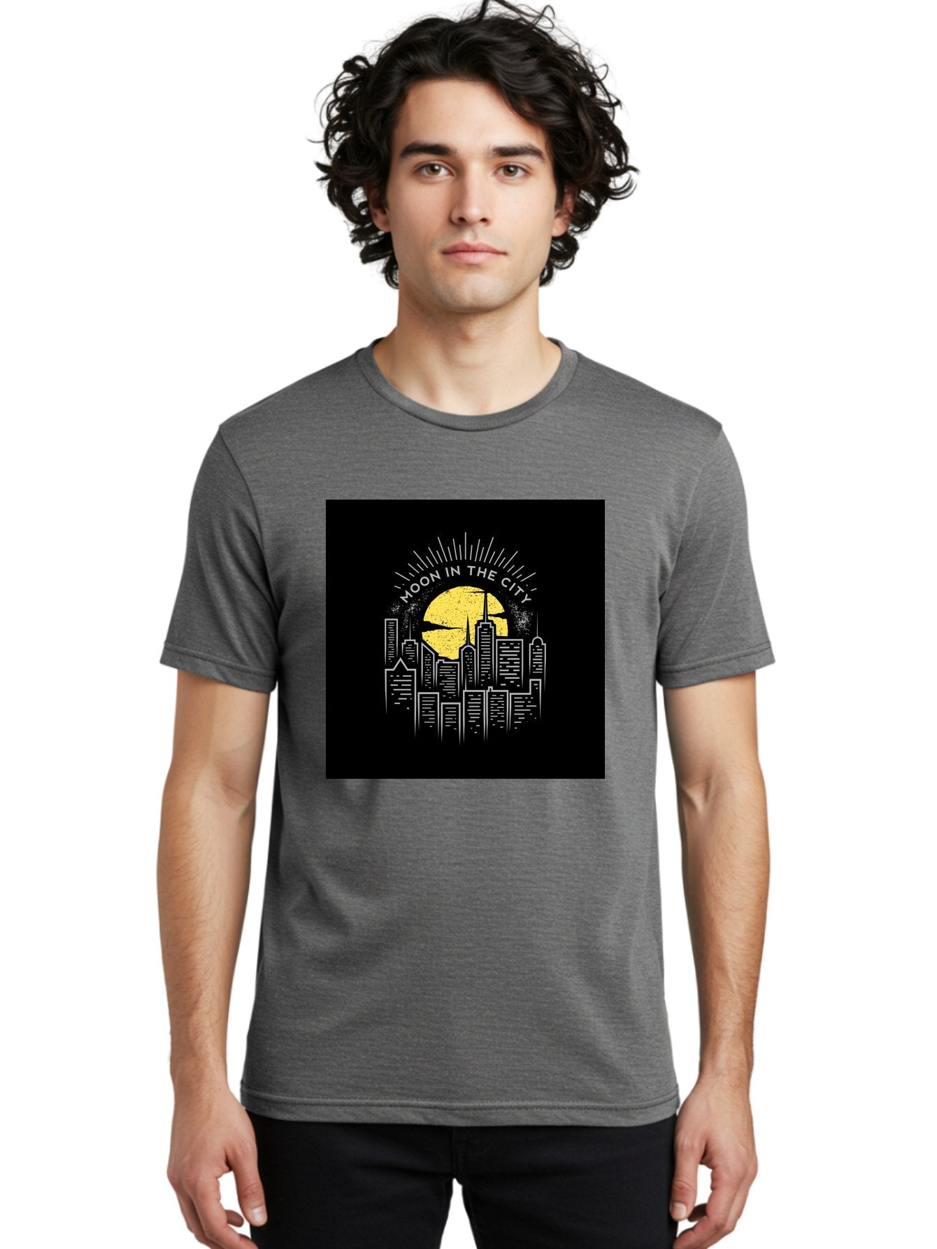 Moon-In-The-City Men'S Graphic Tee, 100% Cotton, Comfortable Casual Summer Wear, Machine Washable, City Skyline, Urban Landscape, Full Moon, Night Scene, Modern Architecture, Skyscrapers, Moonlit, City Life, Urban Ambiance, Nighttime Cityscape Aab474 17