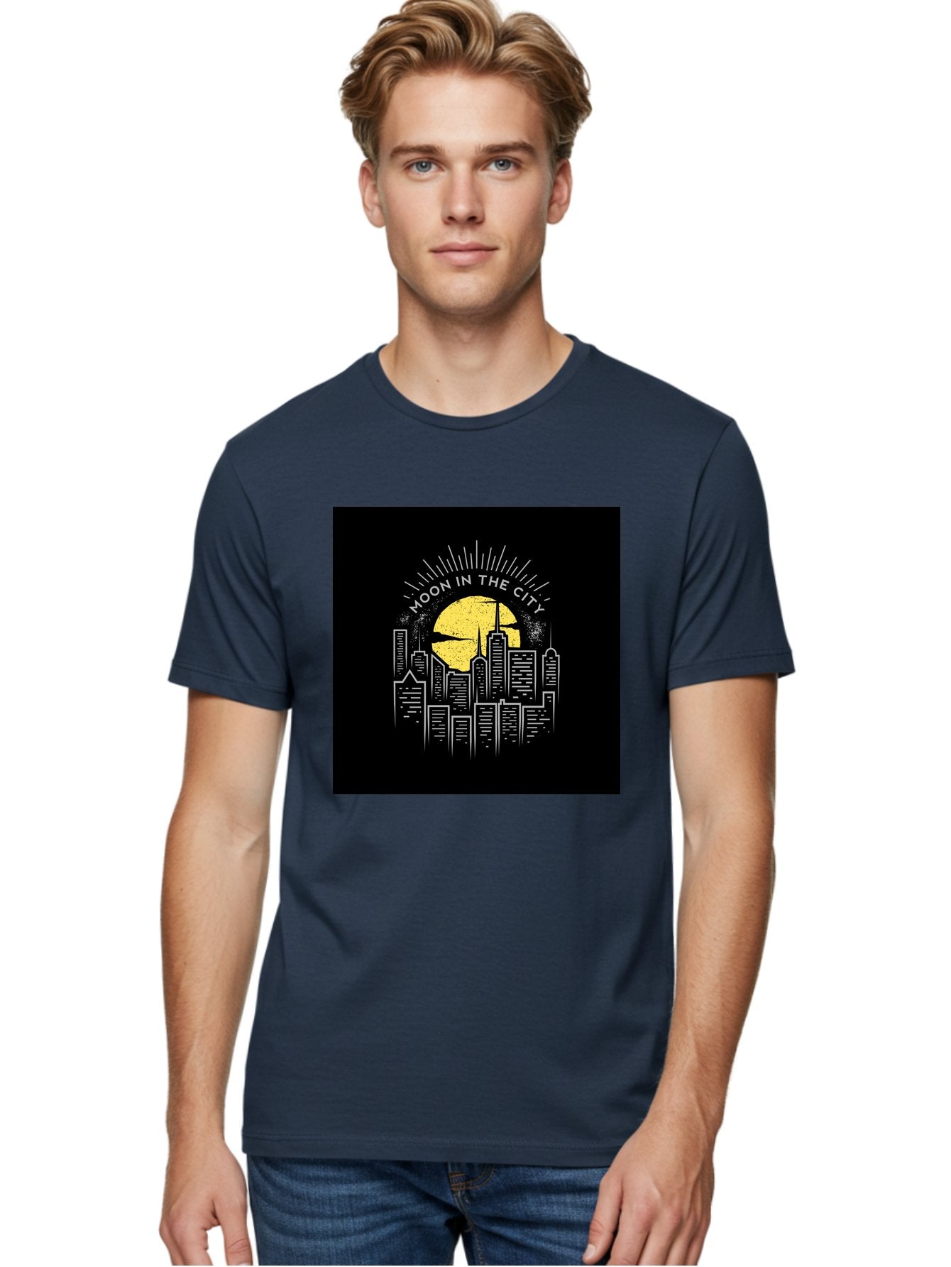 Moon-In-The-City Men'S Graphic Tee, 100% Cotton, Comfortable Casual Summer Wear, Machine Washable, City Skyline, Urban Landscape, Full Moon, Night Scene, Modern Architecture, Skyscrapers, Moonlit, City Life, Urban Ambiance, Nighttime Cityscape Aab474 26