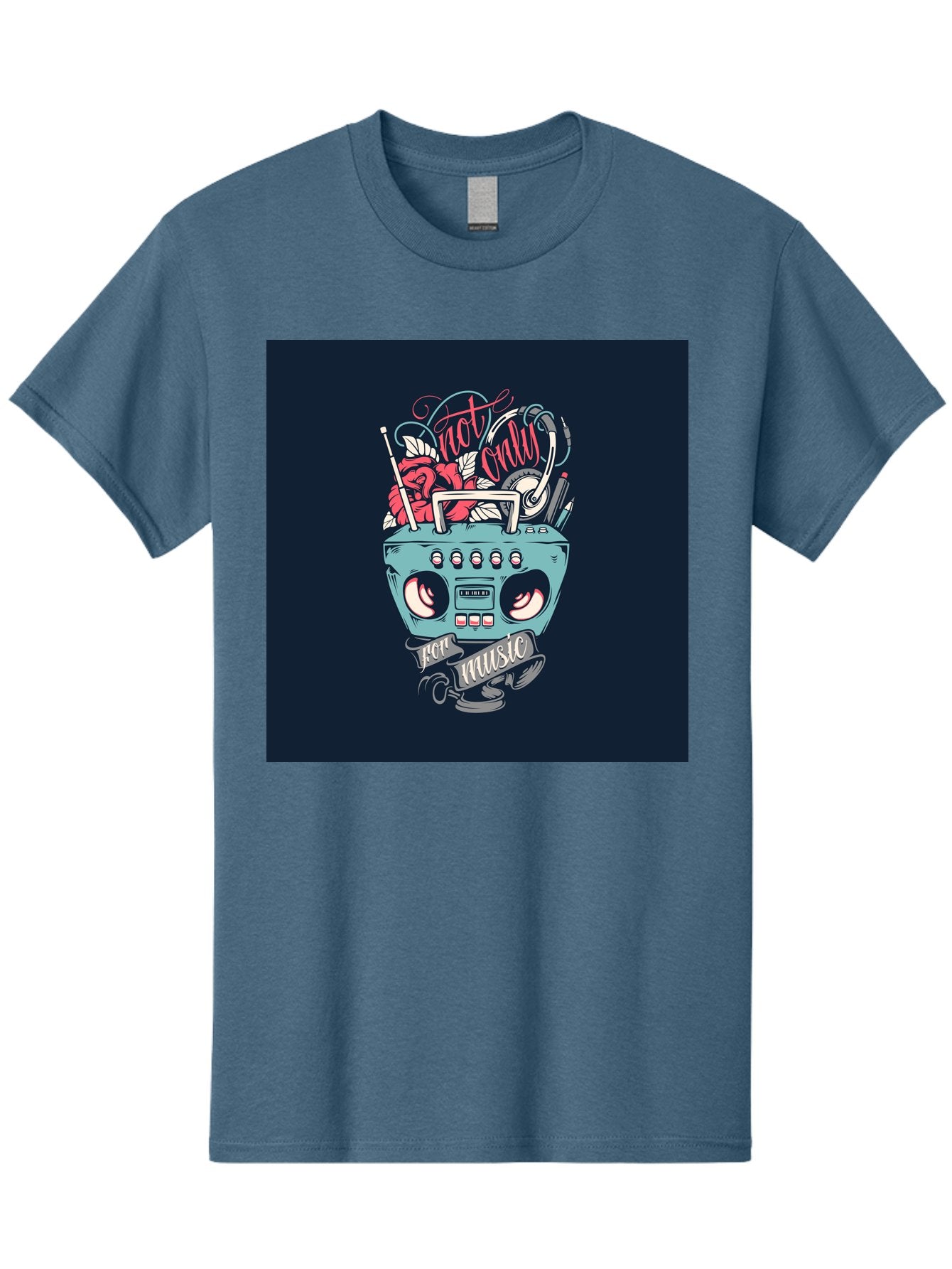 Not-Only-For-Music-Boombox Men'S Graphic Tee, 100% Cotton, Comfortable Casual Summer Wear, Machine Washable, Boombox Illustration, Cartoon Style, Vintage Electronics, Music Lovers, Retro Design, Cassette Tape, Headphones, Roses, Nostalgia, Aab475
