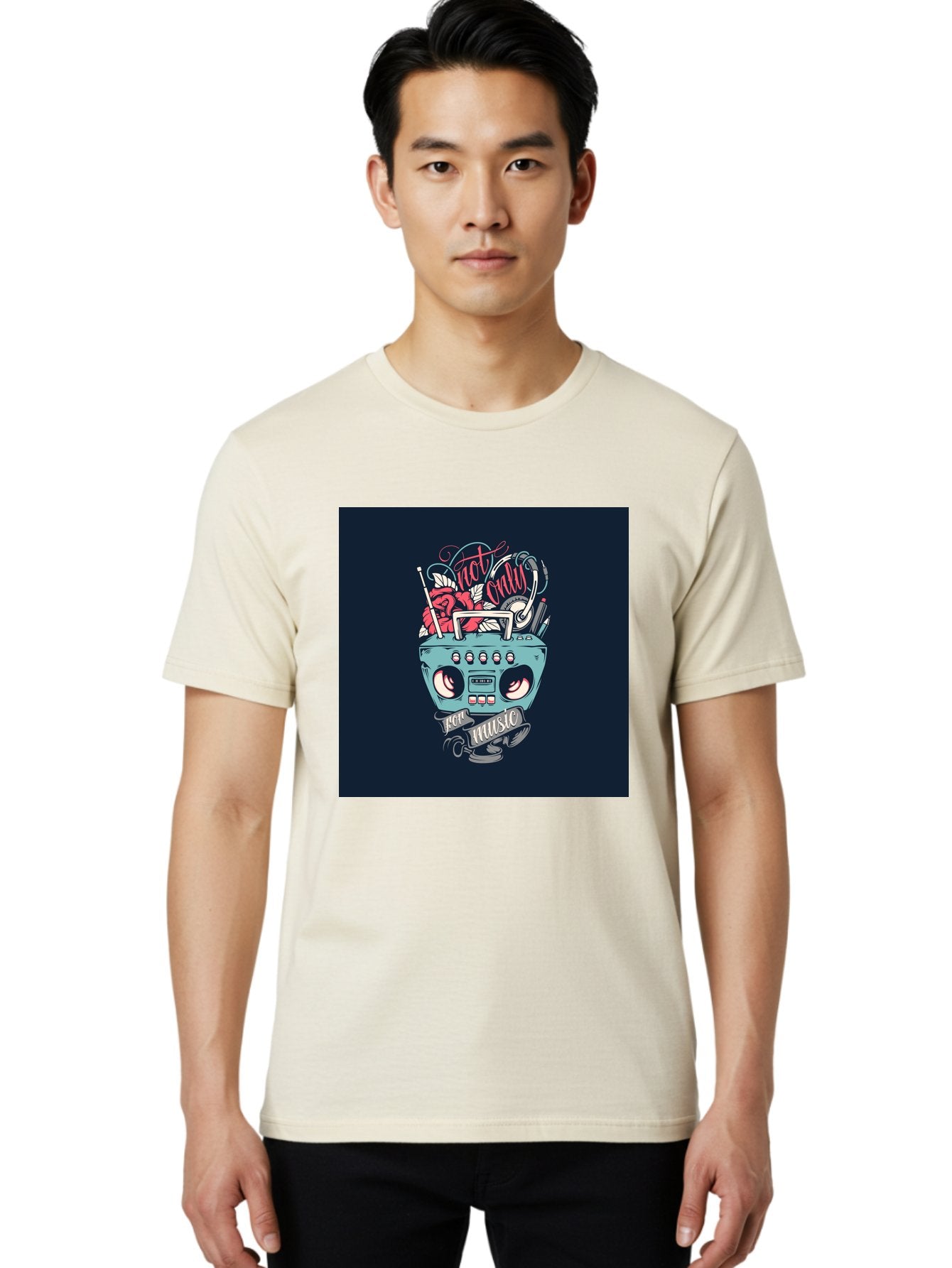 Not-Only-For-Music-Boombox Men'S Graphic Tee, 100% Cotton, Comfortable Casual Summer Wear, Machine Washable, Boombox Illustration, Cartoon Style, Vintage Electronics, Music Lovers, Retro Design, Cassette Tape, Headphones, Roses, Nostalgia, Aab475 25